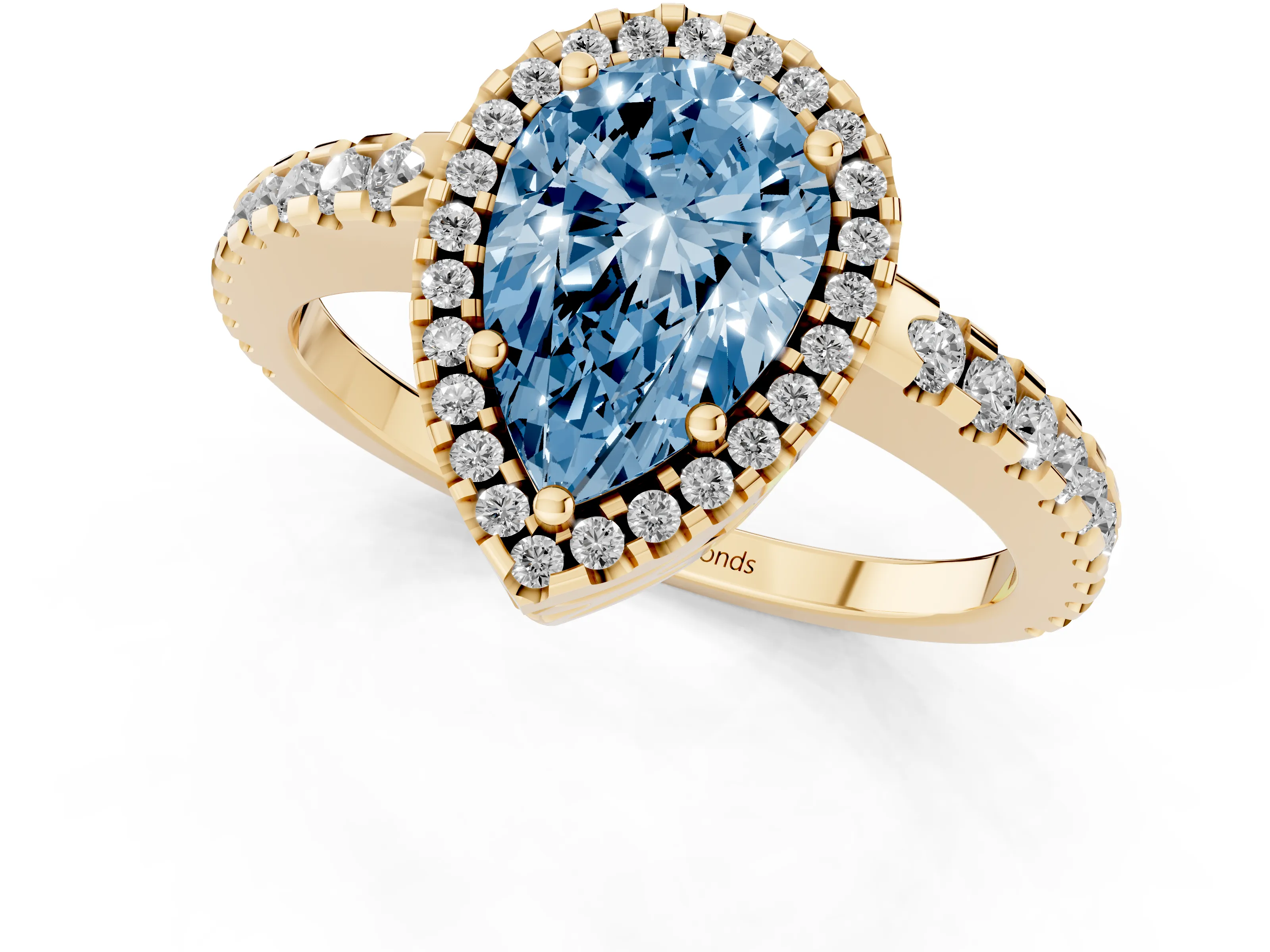 Fancy Blue Pear Cut Diamond Halo Ring Set in Yellow gold with Pavé Shoulders and Halo-Framed Center