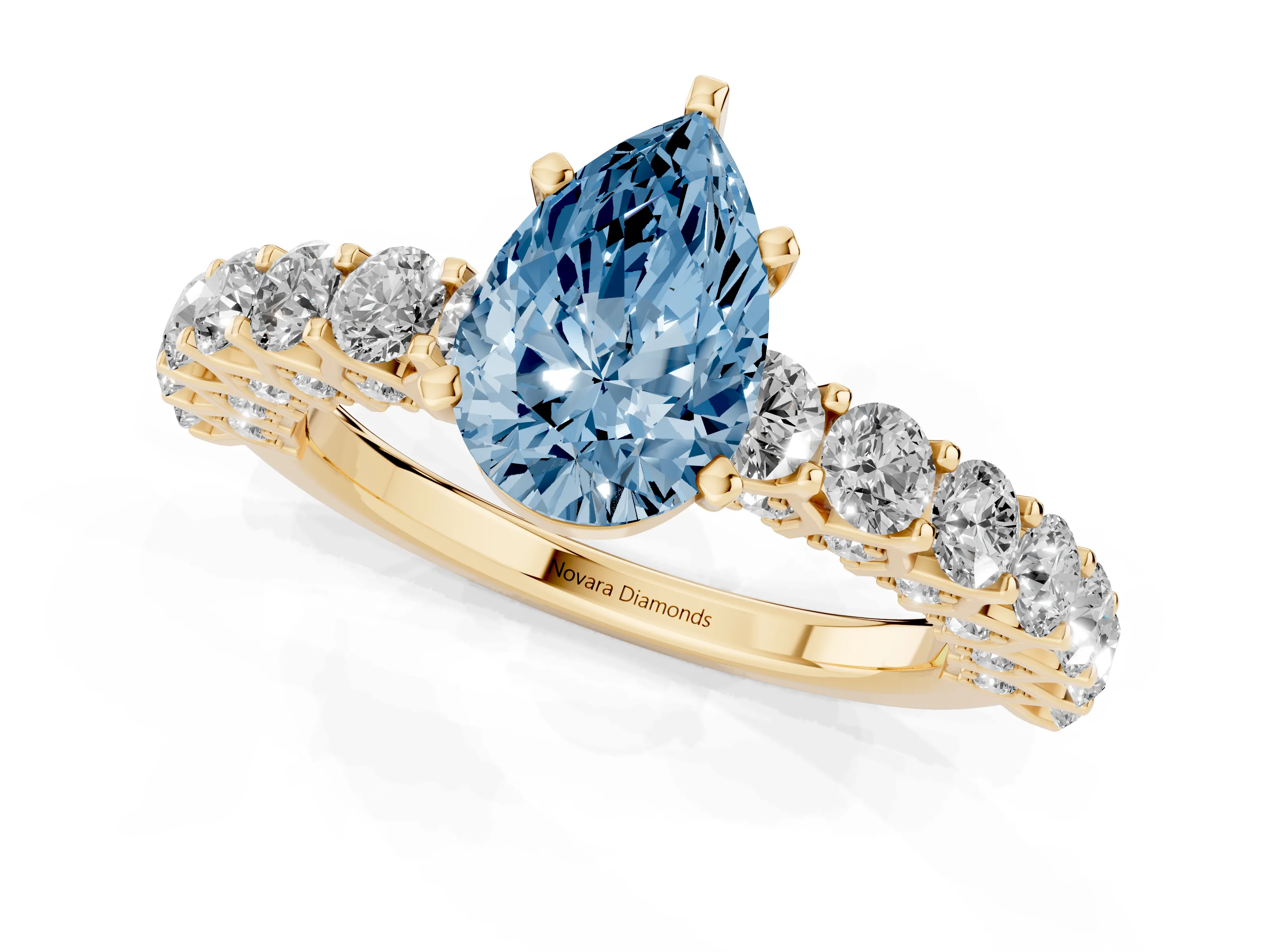 Fancy Blue Pear Cut Diamond Solitaire Ring Set in Yellow gold with Shared Prong Pavé Band
