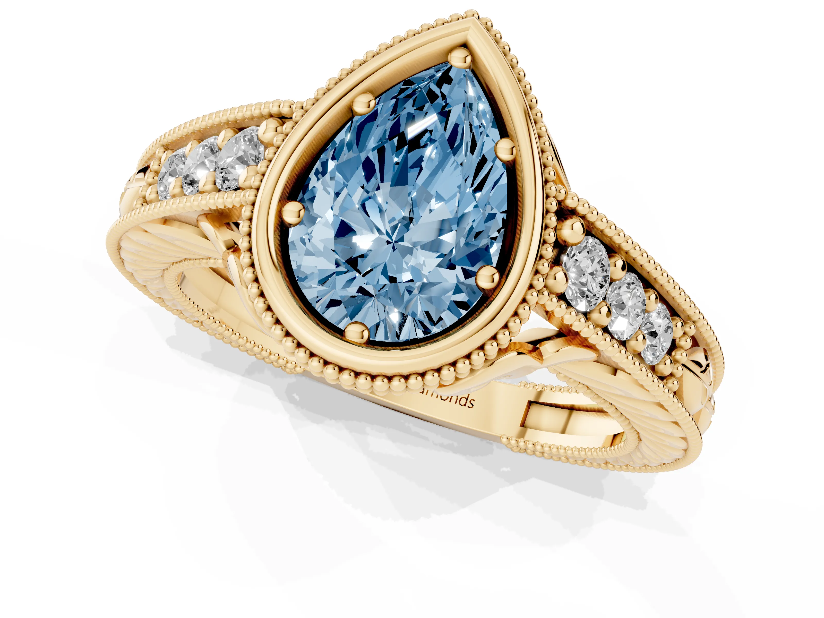 Pear-Shaped Vintage Bezel Engagement Ring Setting for a Fancy Blue Lab-Grown Diamond | Milgrain Edges | Yellow Gold