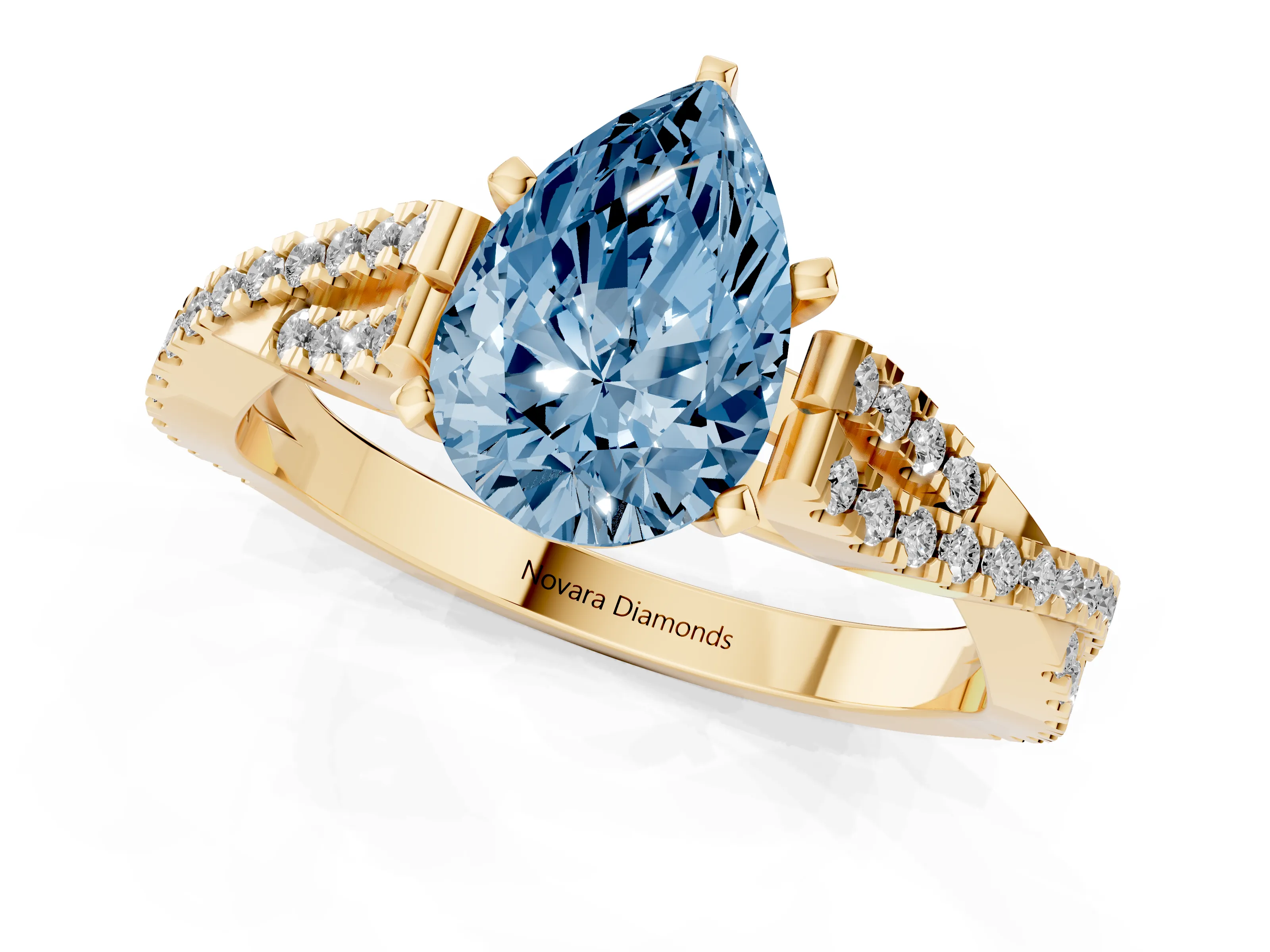 Fancy Blue Pear Cut Diamond Solitaire Engagement Ring Set in Yellow gold with Twisted Pavé Band and Prong Setting