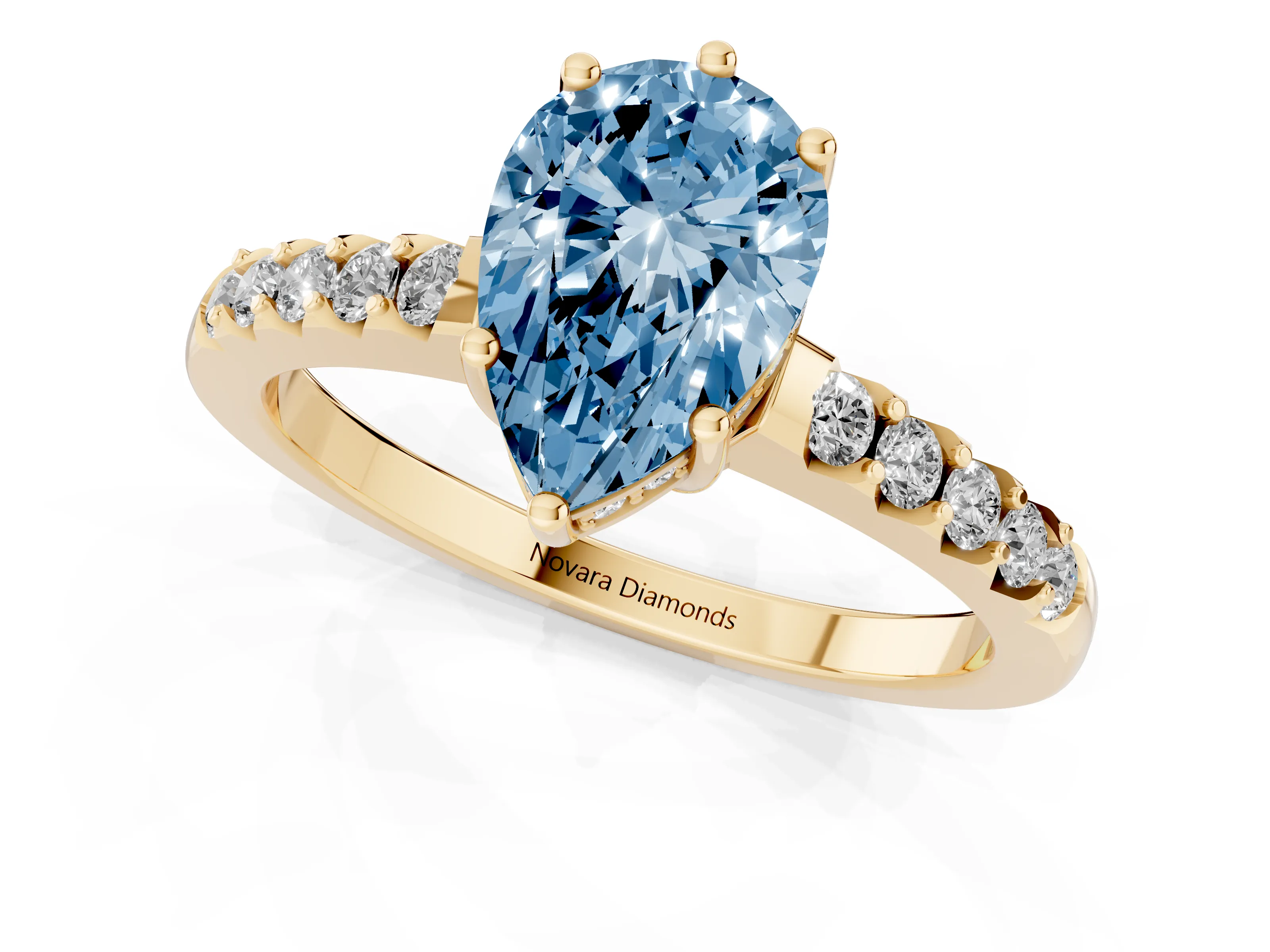 Fancy Blue Pear Cut Diamond Solitaire Engagement Ring Set in Yellow gold with Pavé Band and Prong Setting