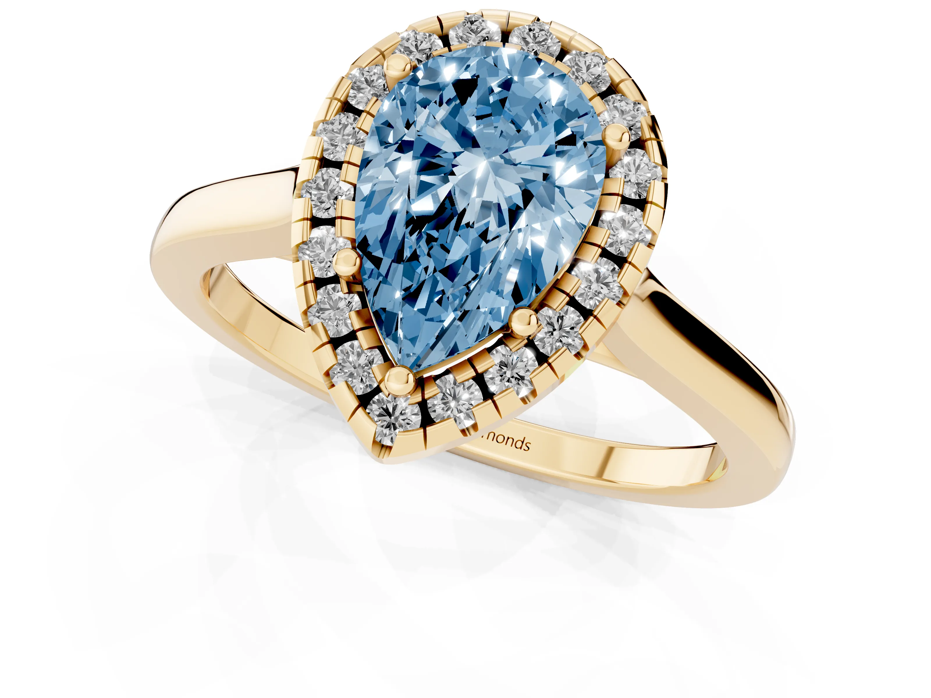 Fancy Blue Pear Cut Halo Round Diamond Solitaire Ring Set in Yellow gold with Pavé Band and Prong Setting