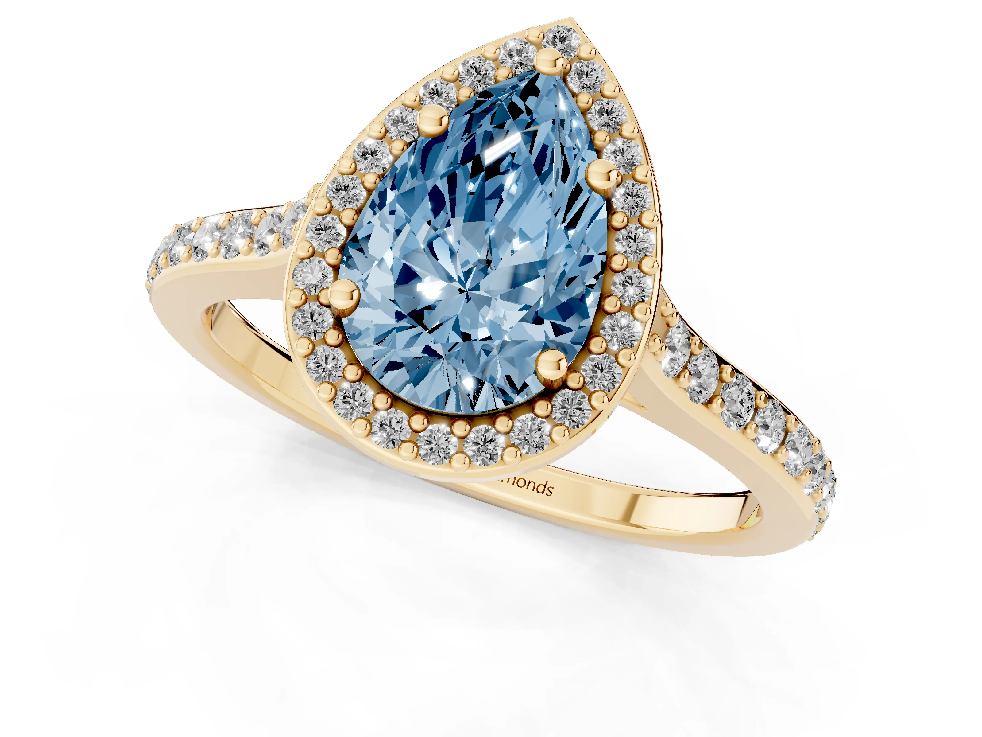 Fancy Blue Pear Cut Diamond Halo Engagement Ring Set in Yellow gold with Round Pavé Shoulders and Heart Gallery – second view