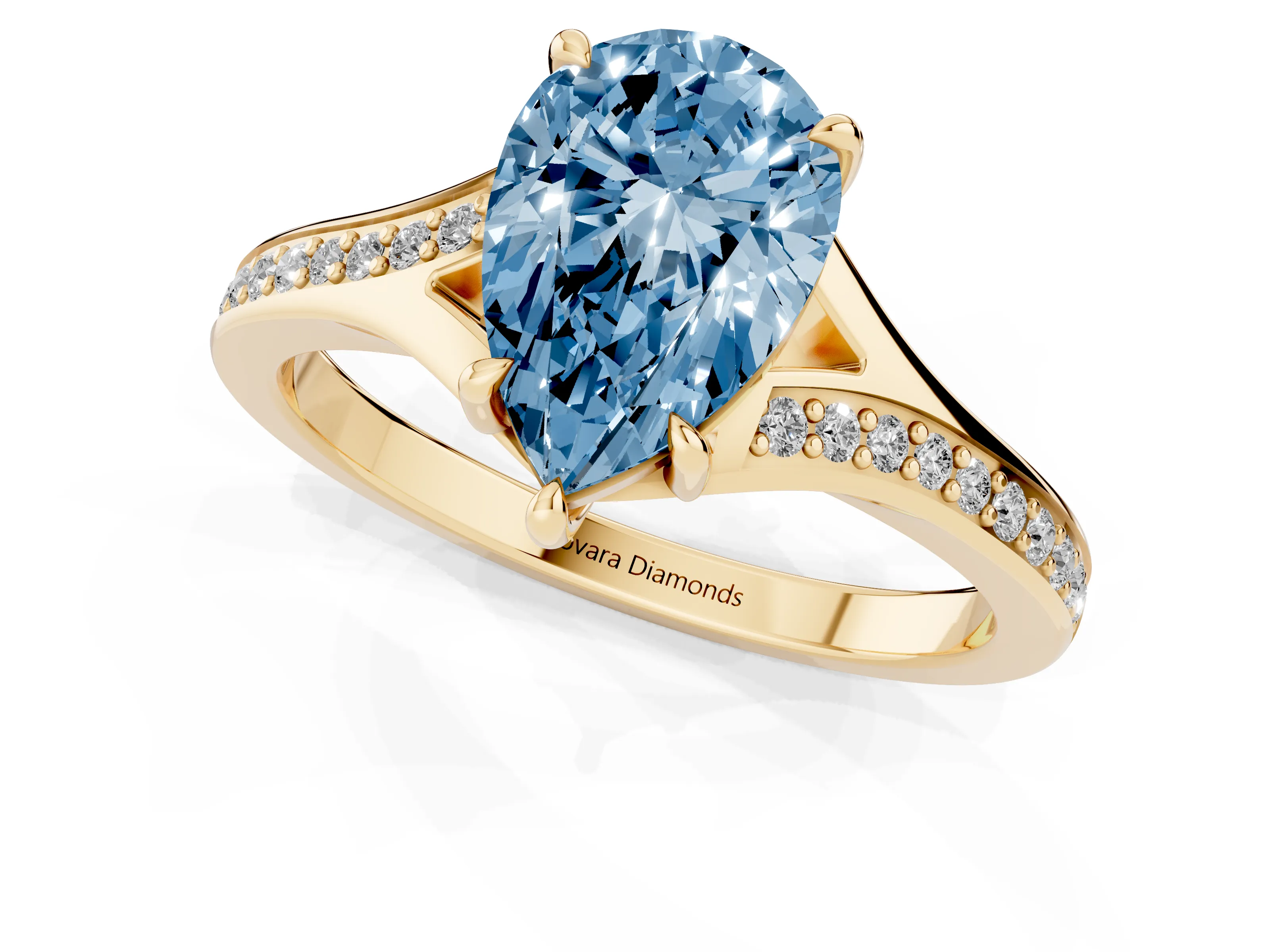Fancy Blue Pear Cut Diamond Solitaire Ring Set in Yellow gold with Pavé Accent Band and Classic Prong Setting