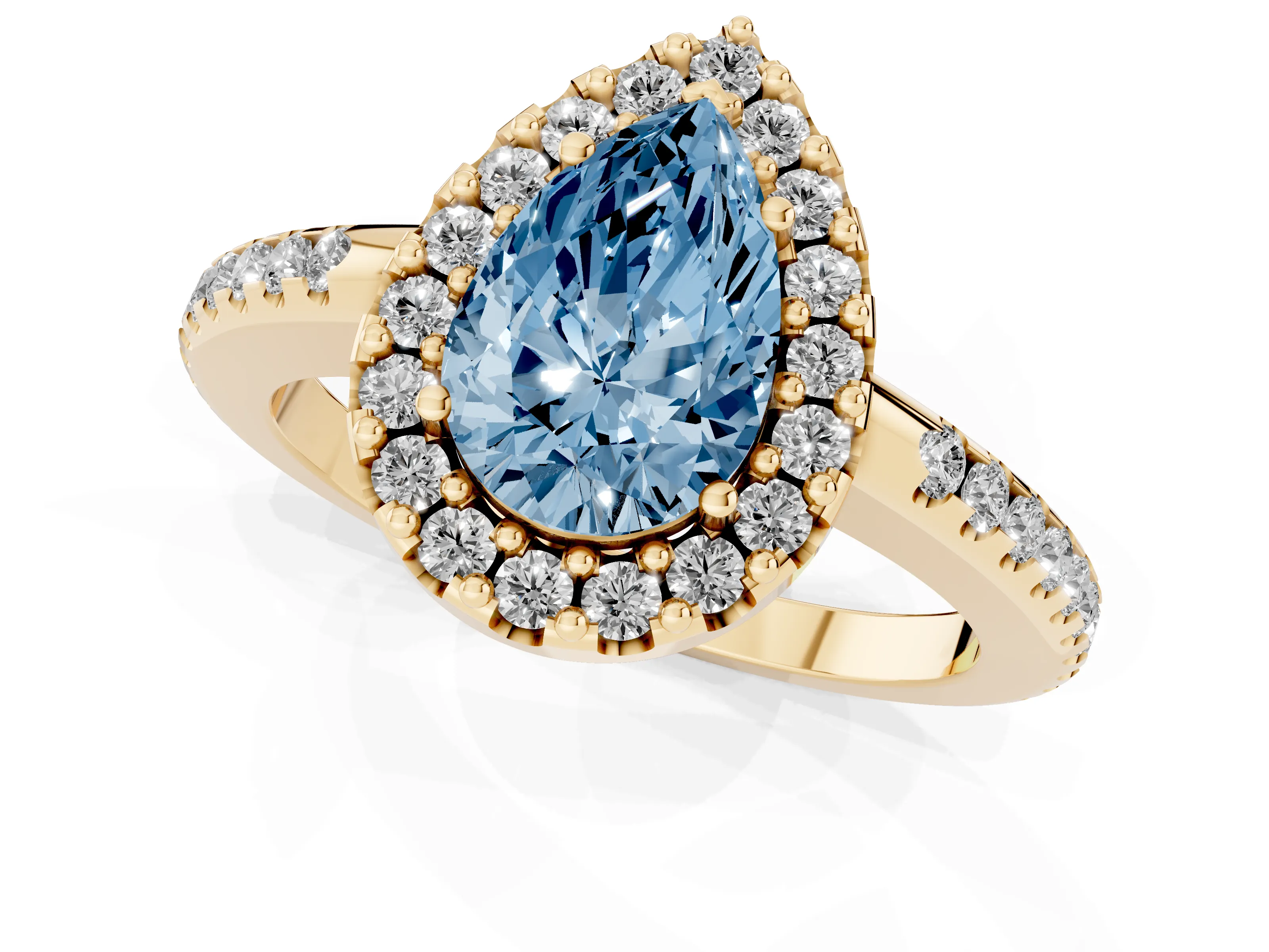 Fancy Blue Pear Cut Diamond Pavé Halo Ring Set in Yellow gold with Prong Setting
