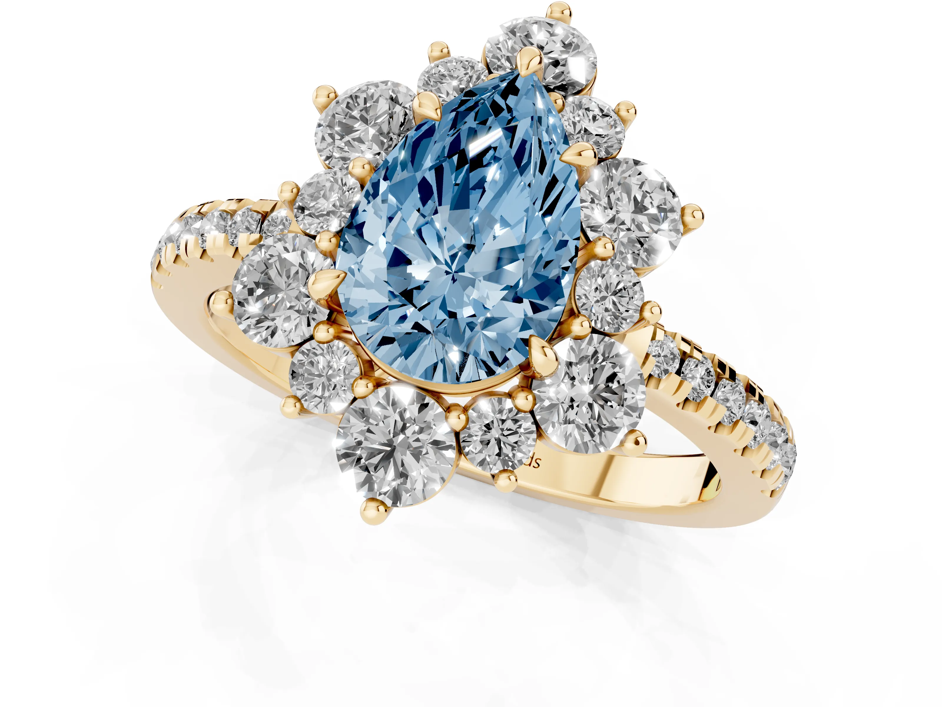 Fancy Blue Pear Cut Diamond Floral Halo Ring Set in Yellow gold with Round Pavé Band and Prong Setting