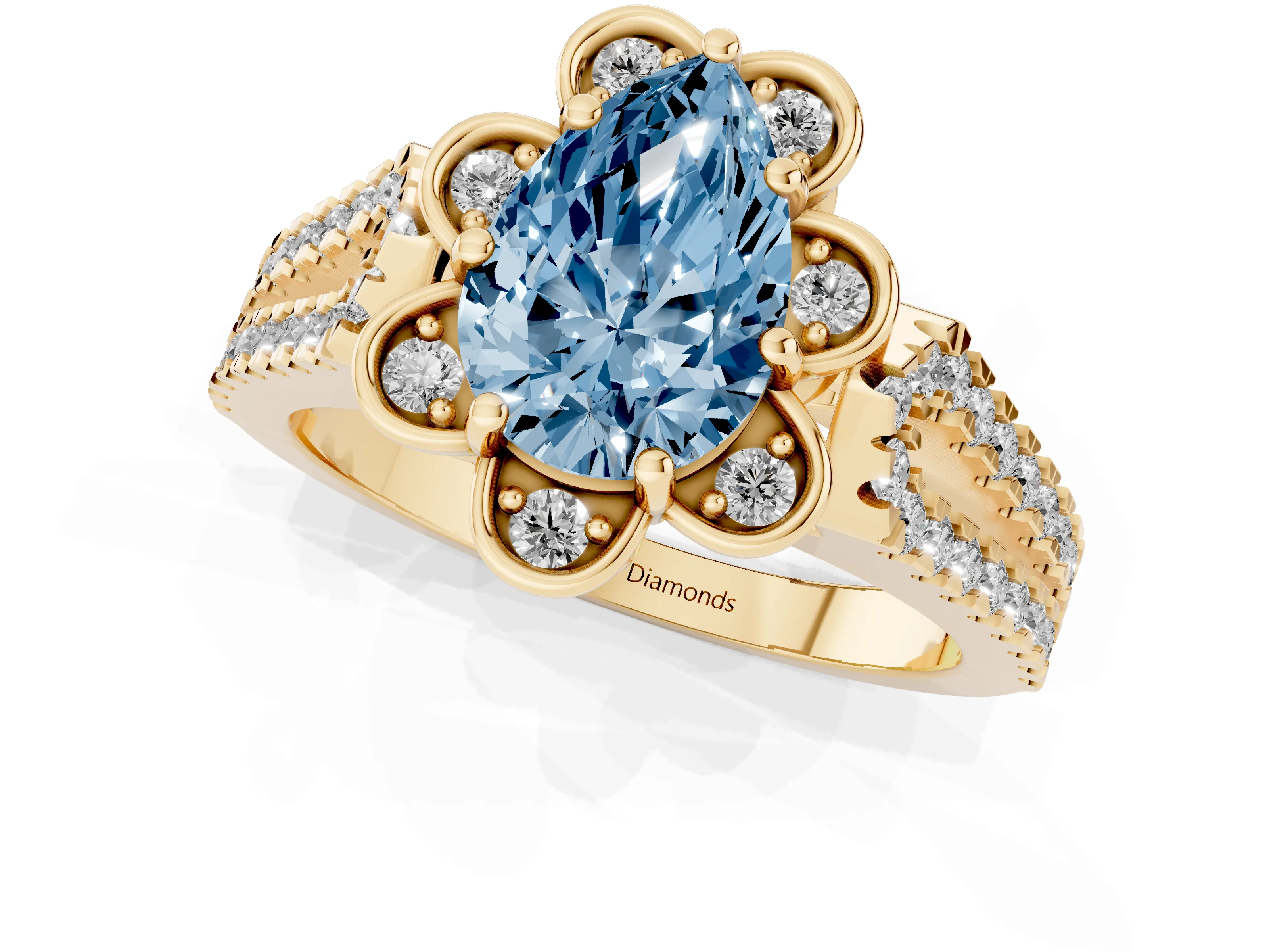 Fancy Blue Pear Cut Diamond Floral Halo Split Shank Engagement Ring Set in Yellow gold with Pavé Shank