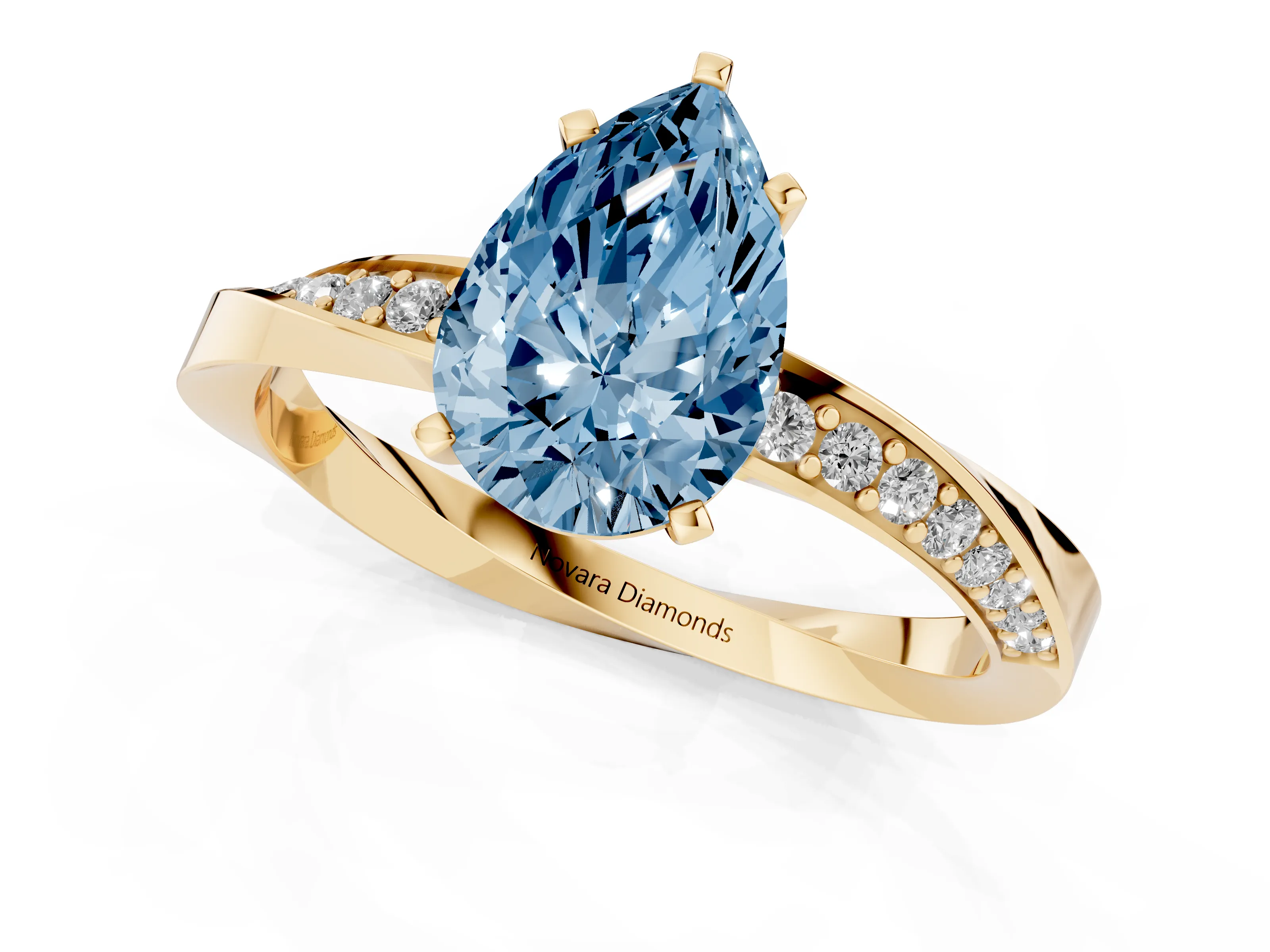 Fancy Blue Pear Cut Diamond Engagement Ring Set in Yellow gold with Side Stone Accents and Prong Setting