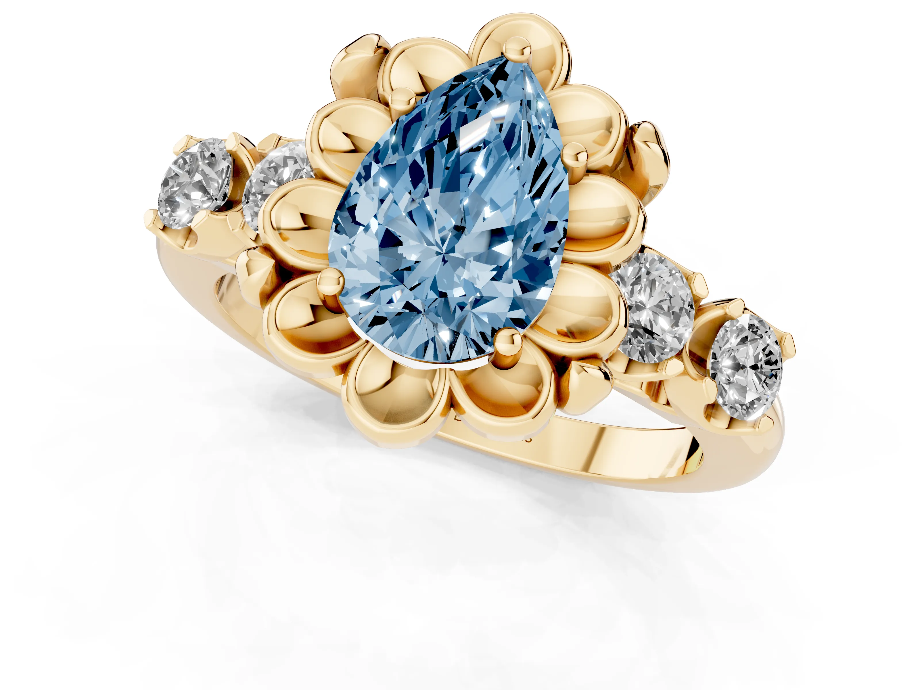 Fancy Blue Pear Cut Diamond Floral Halo Ring Set in Yellow gold with Shared Prong Band