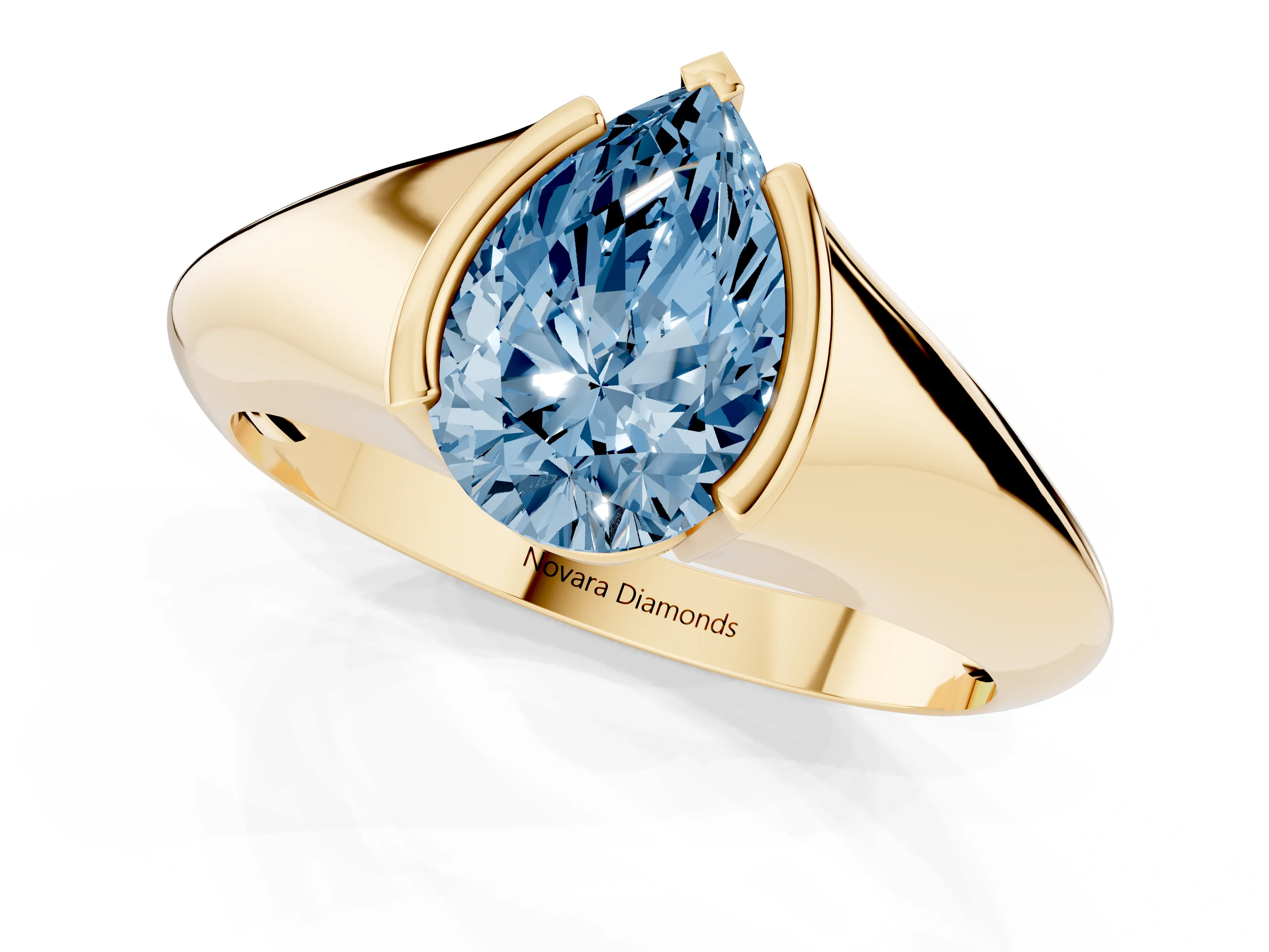 Fancy Blue Pear Cut Diamond Solitaire Tension Set Ring Set in Yellow gold