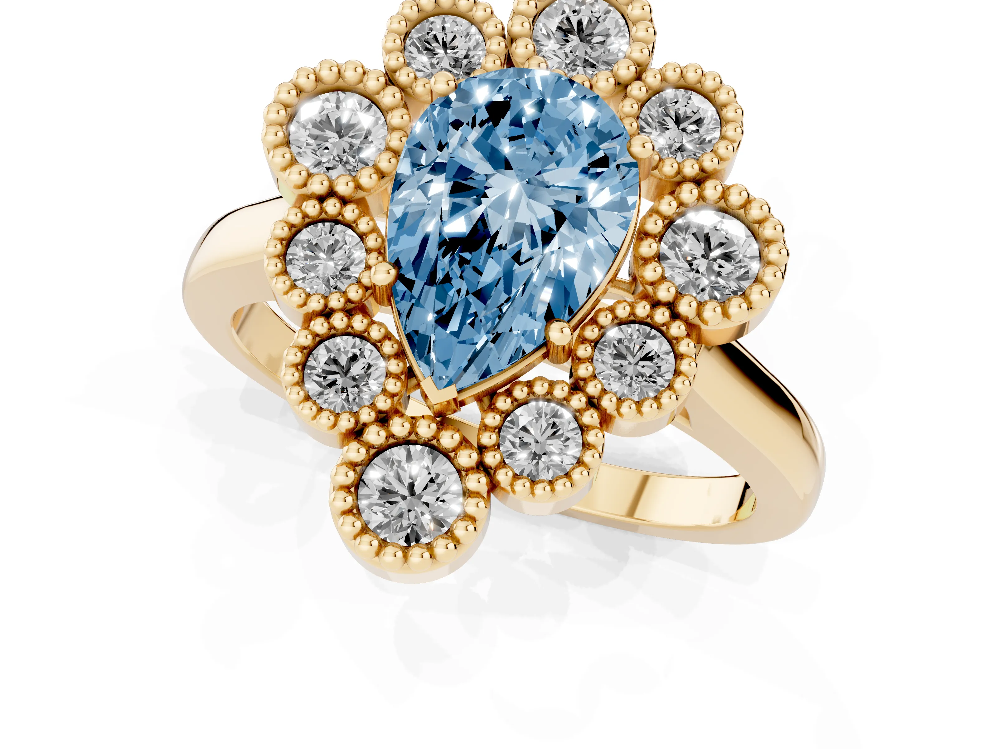 Fancy Blue Pear Cut Diamond Cluster Halo Ring Set in Yellow gold with Milgrain Bezel Accents and Plain Band