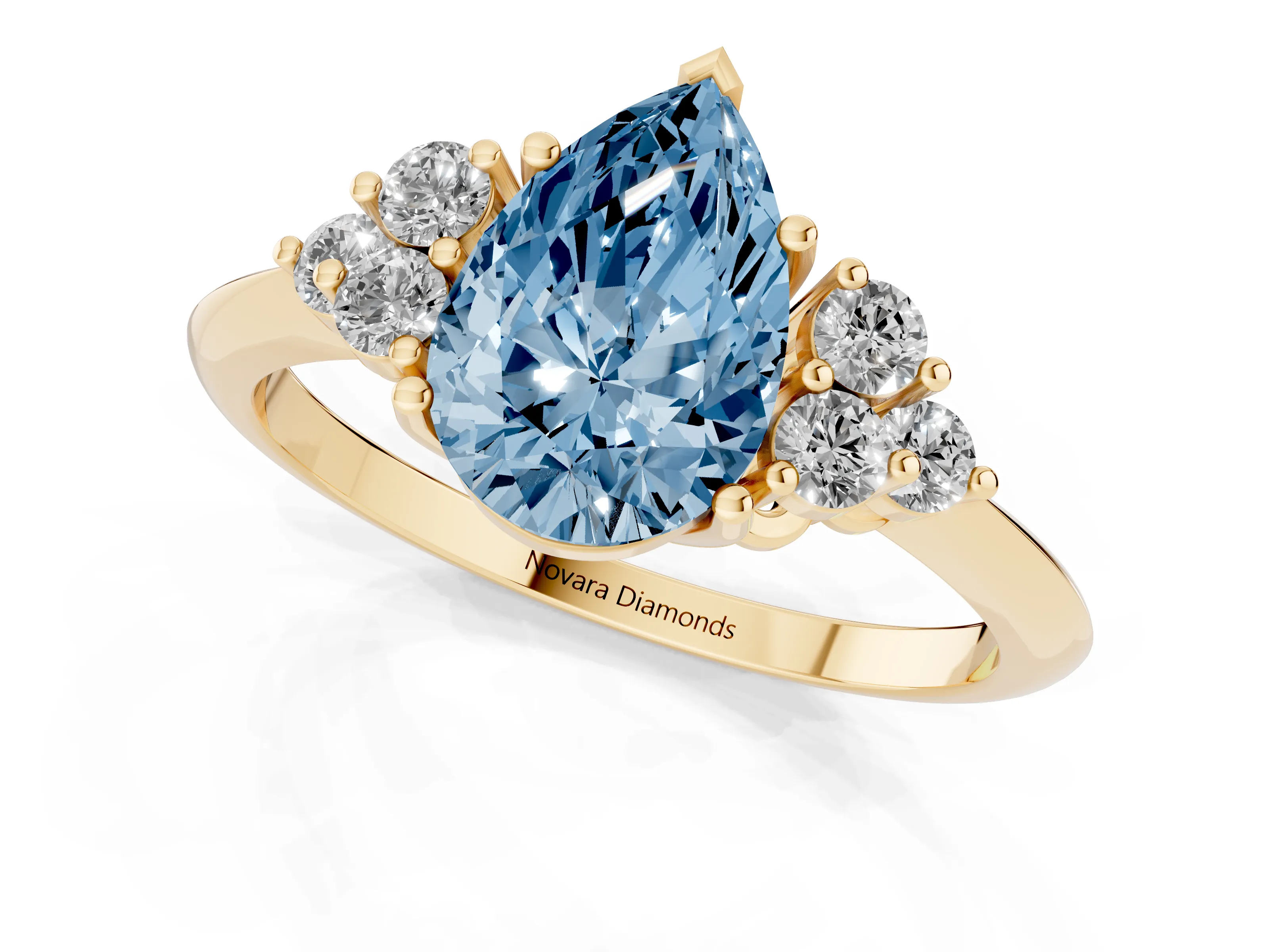 Fancy Blue Pear Cut Diamond Cluster Ring Set in Yellow gold with Plain Band and Prong Setting