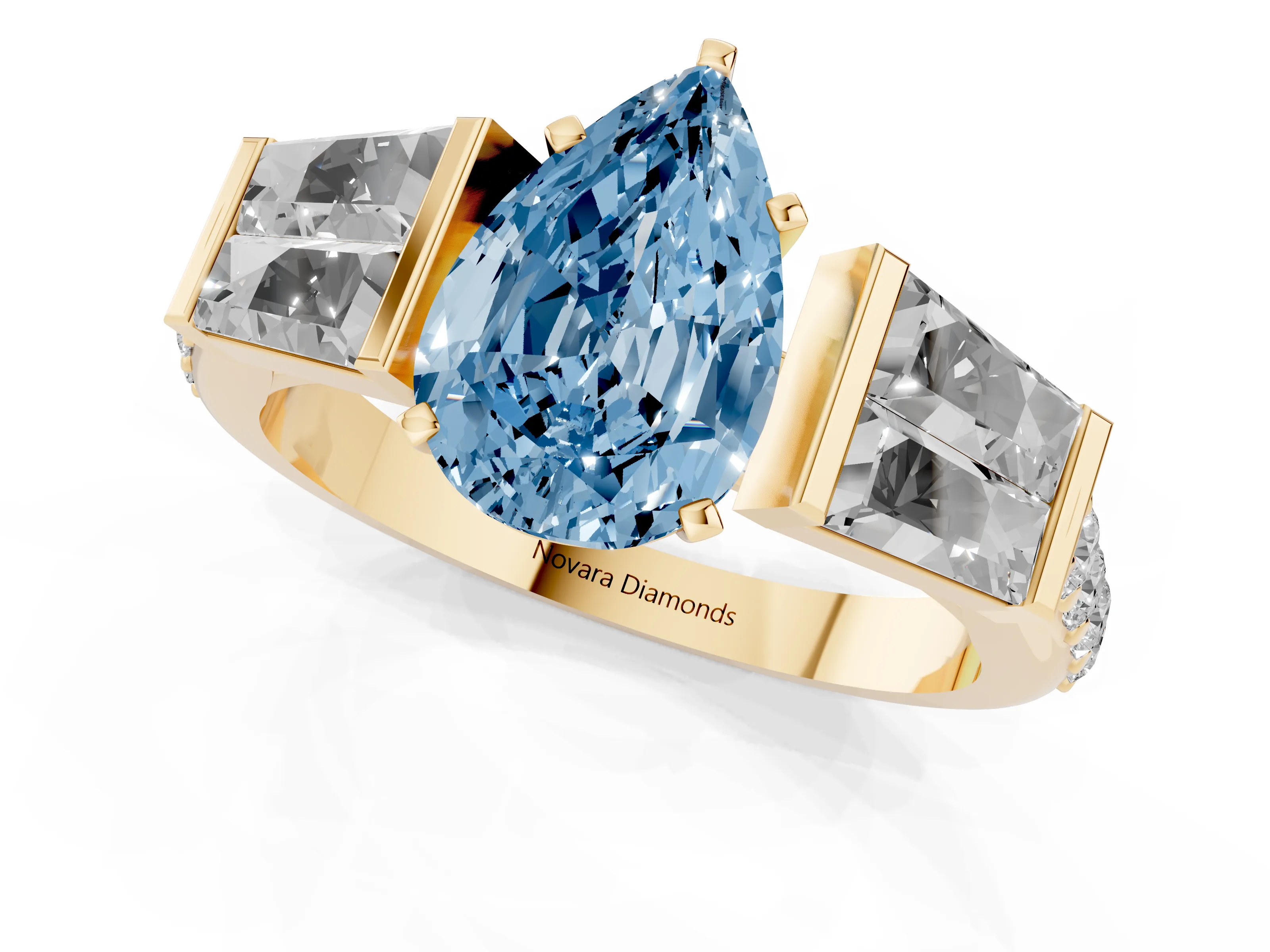 Fancy Blue Pear Cut Diamond Engagement Ring Set in Yellow gold with Baguette Side Stones and Channel Set Band