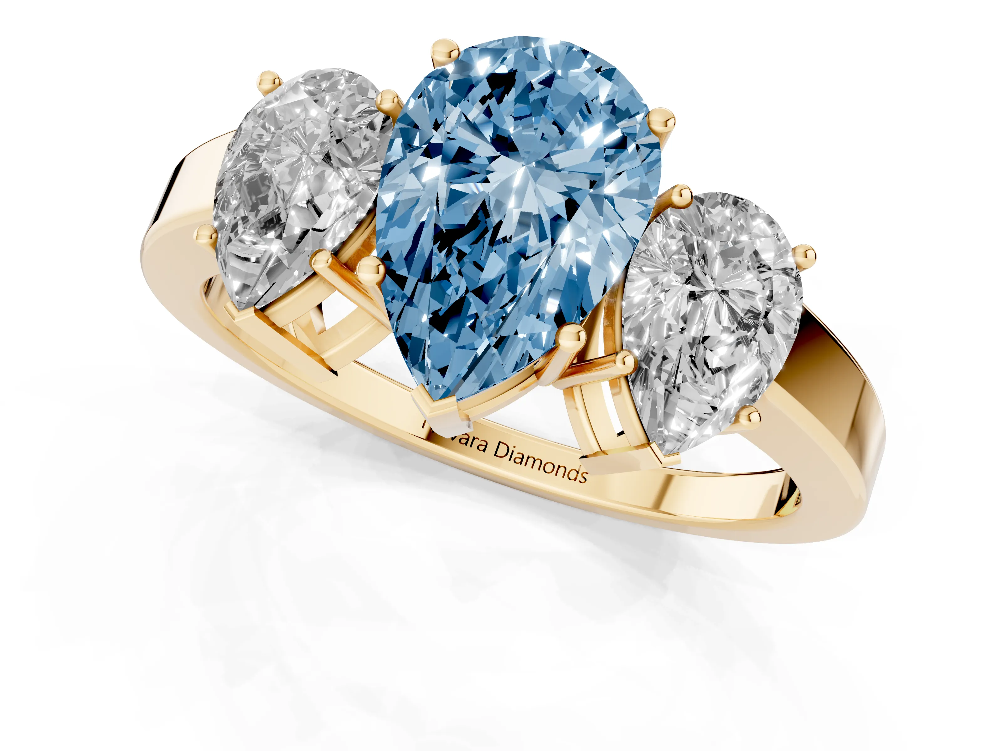 Fancy Blue Pear Cut Diamond Three-Stone Engagement Ring Set in Yellow gold with Flat Band