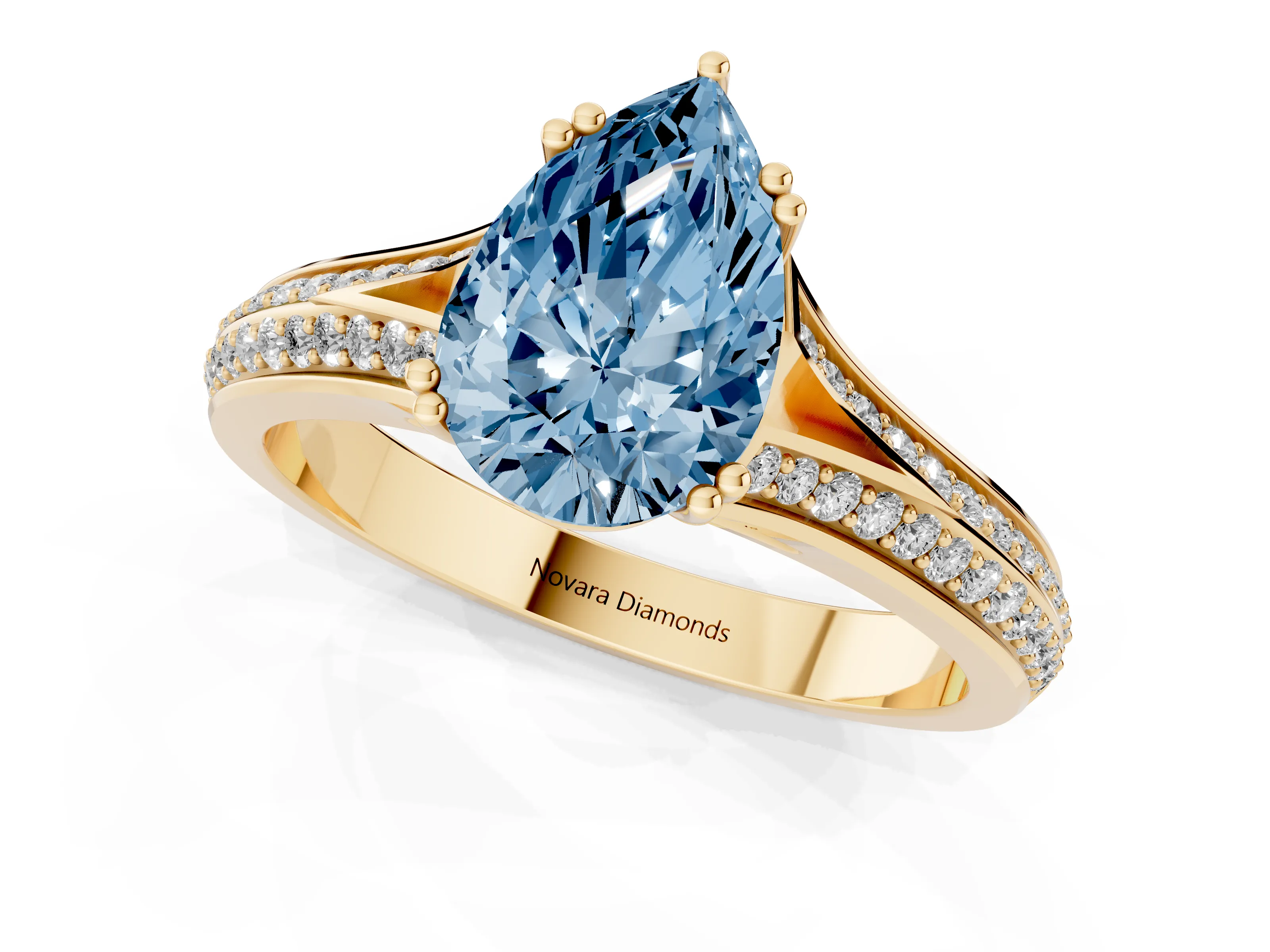 Fancy Blue Pear Cut Diamond Split Shank Pavé Engagement Ring Set in Yellow gold with Prong-Set Center Stone