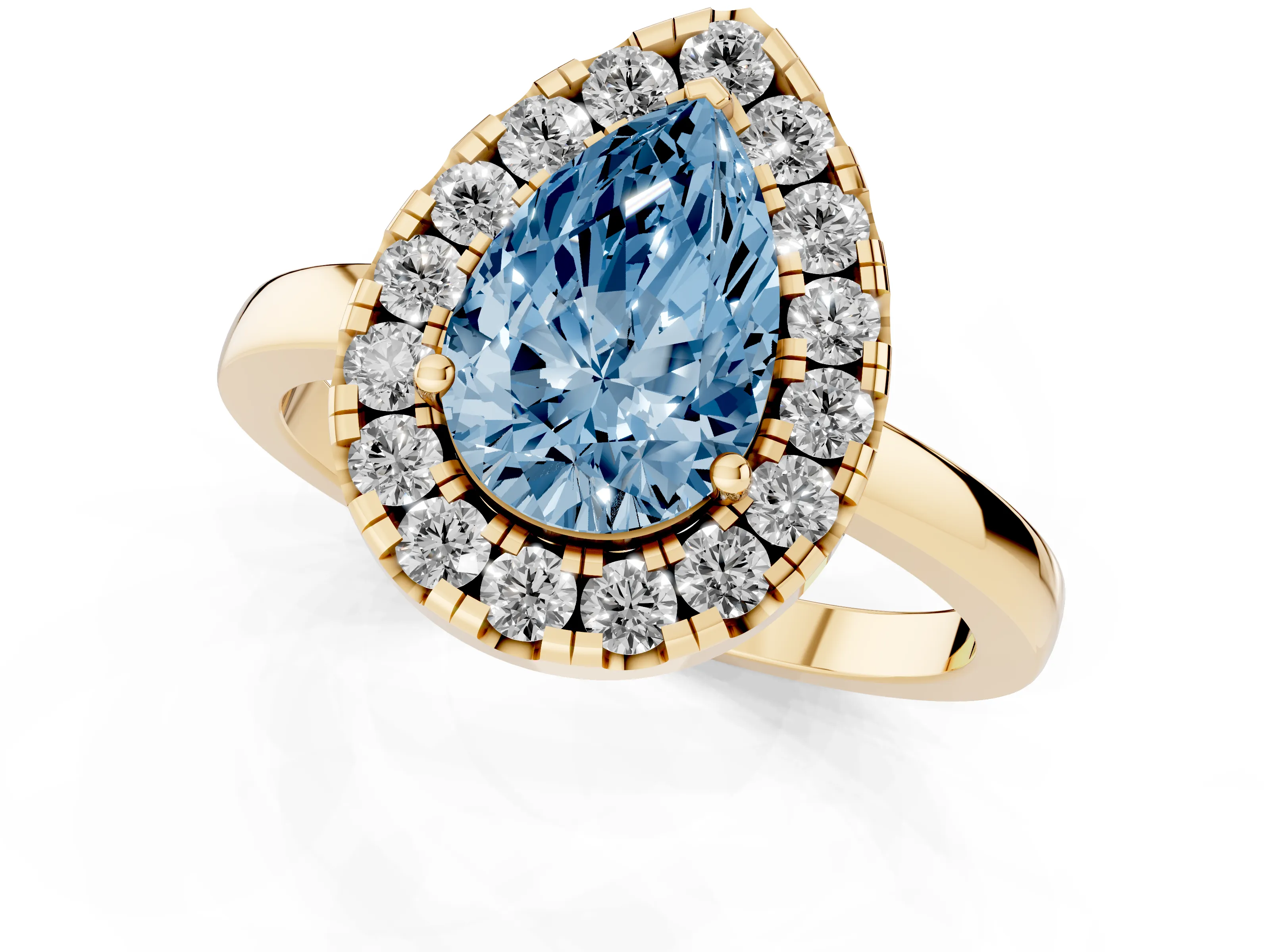 Fancy Blue Pear Cut Diamond Halo Solitaire Ring Set in Yellow gold with Pavé Band and Prong Setting