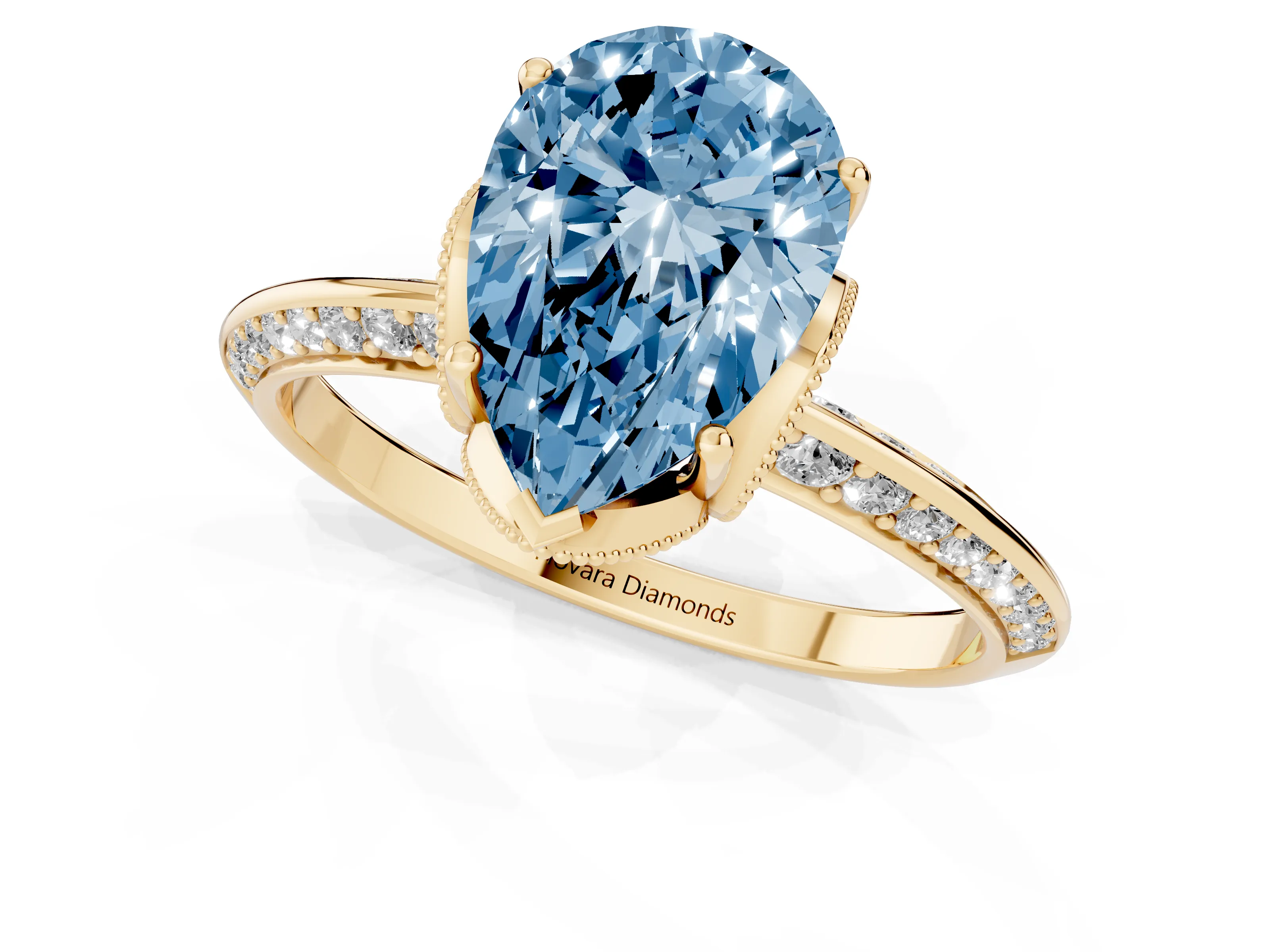 Fancy Blue Pear Cut Diamond Solitaire Engagement Ring Set in Yellow gold with Pavé Split Shank and Prong Setting