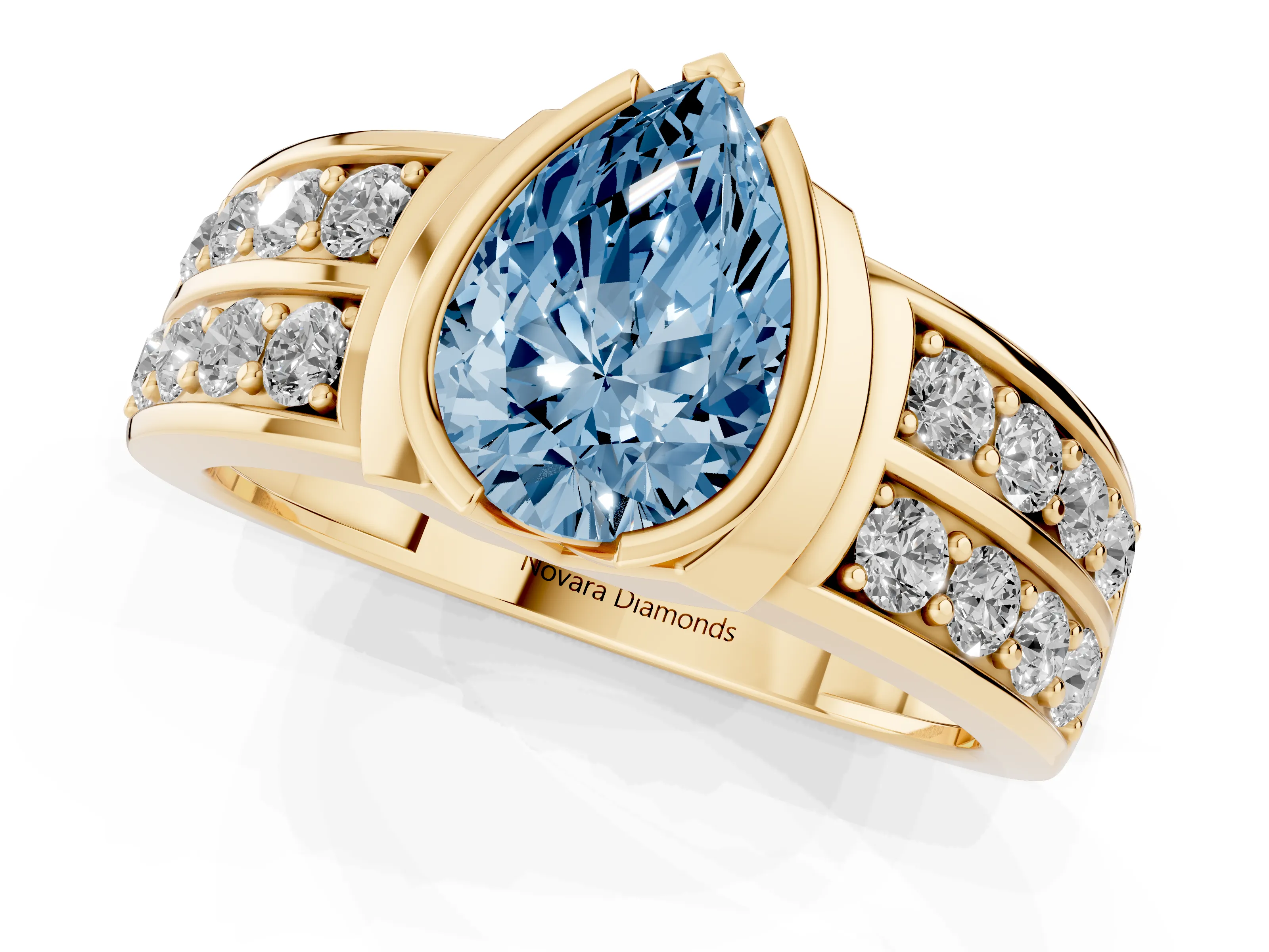 Fancy Blue Pear Cut Diamond Wide Channel Set Band Ring Set in Yellow gold with Bezel Setting