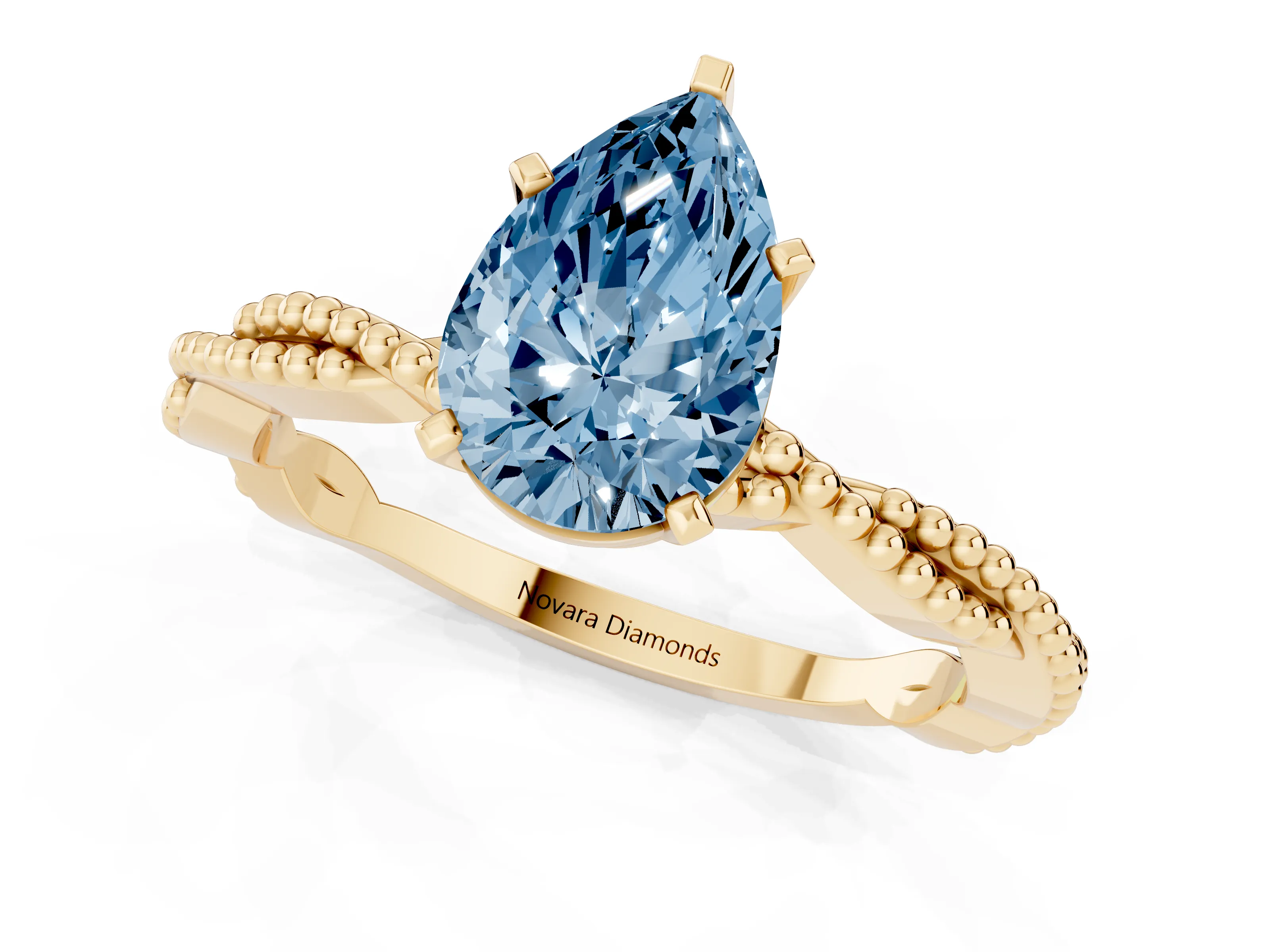 Fancy Blue Pear Cut Diamond Solitaire Ring Set in Yellow gold with Twisted Band and Bead Prong Setting