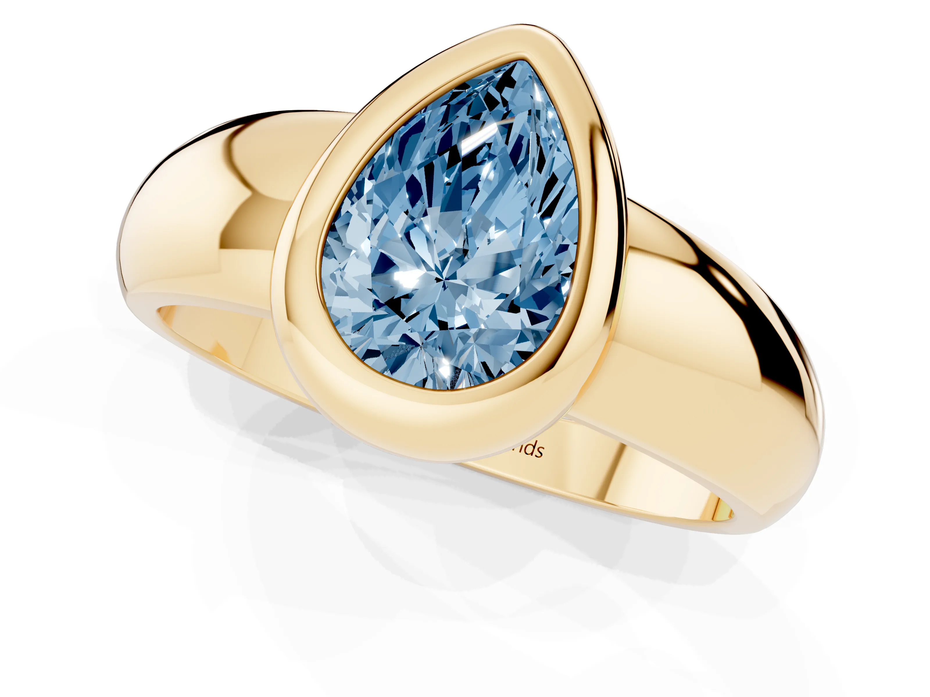 Fancy Blue Bezel Set Pear Cut Diamond Solitaire Ring Set in Yellow gold with Wide Band