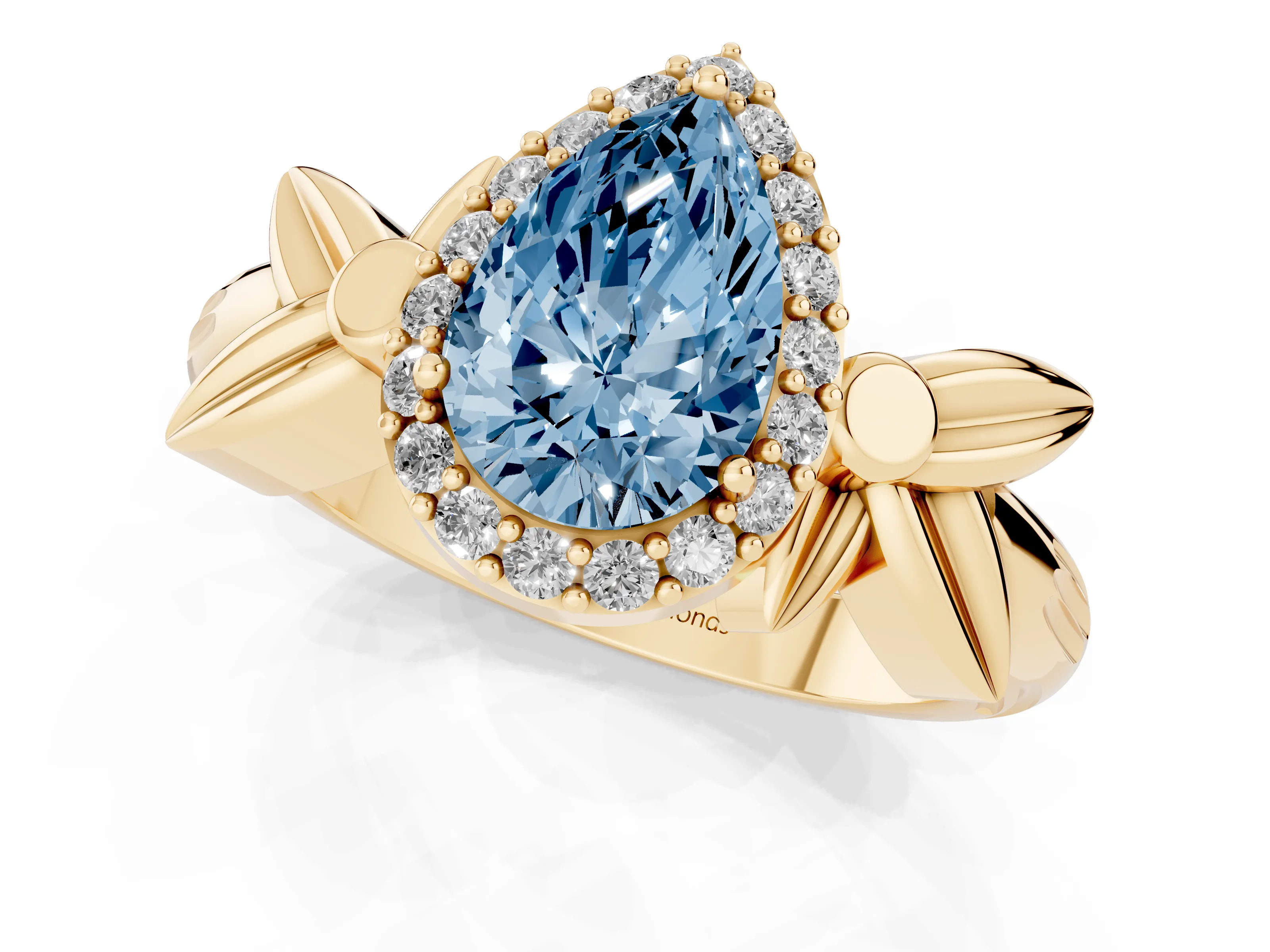 Fancy Blue Pear Cut Diamond Halo Floral Band Ring Set in Yellow gold with Prong Setting