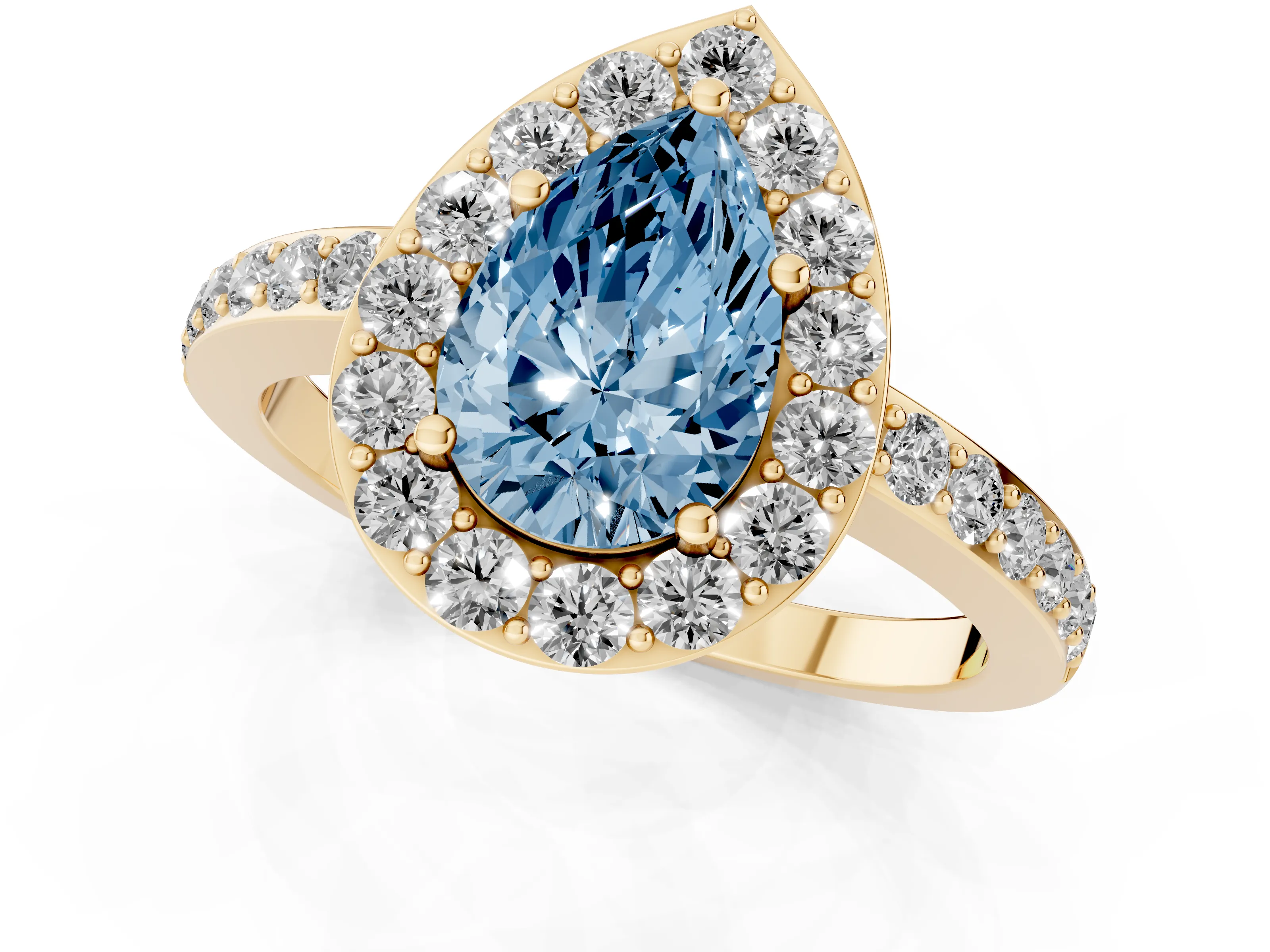 Fancy Blue Pear Cut Diamond Halo Ring Set in Yellow gold with Pavé-Setting Band and Open Prong Center