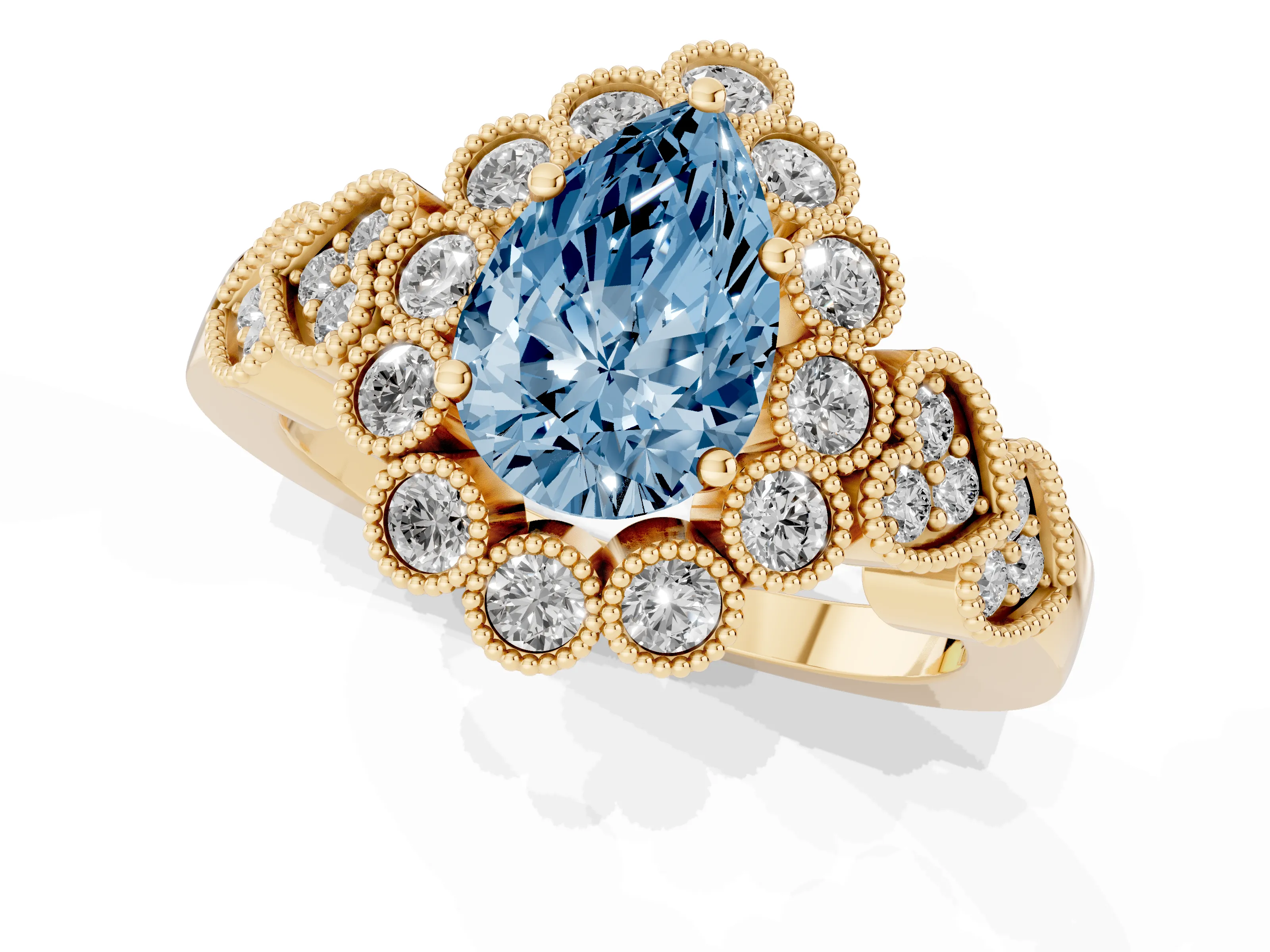 Fancy Blue Pear Cut Diamond Solitaire Ring Set in Yellow gold with Milgrain Pavé Heart Band – second view