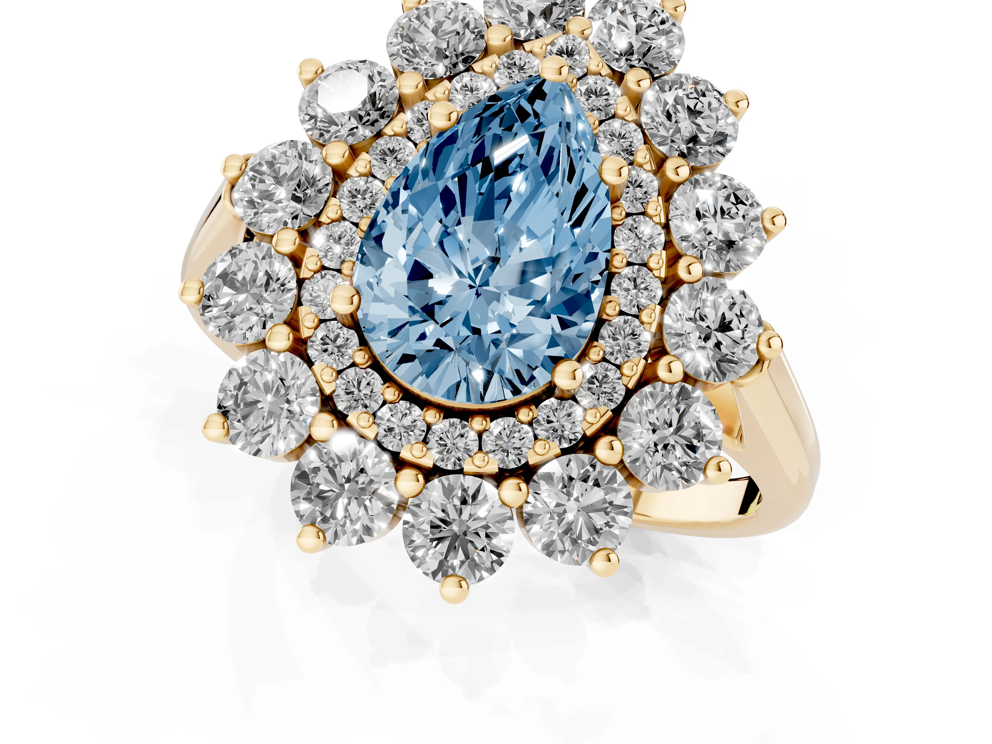 Fancy Blue Pear Cut Diamond Floral Double Halo Ring Set in Yellow gold with Round Petals