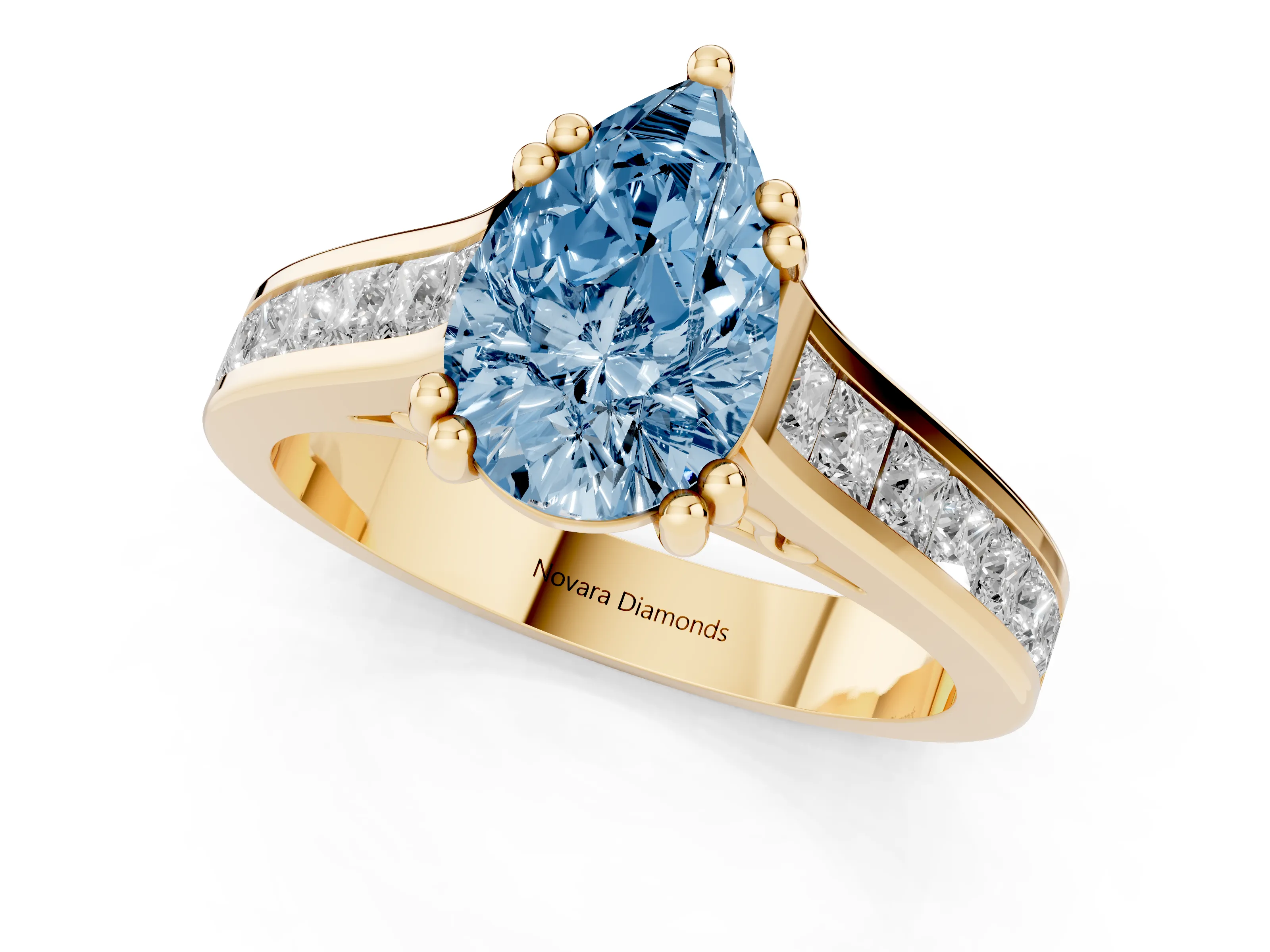 Fancy Blue Pear Cut Diamond Channel Set Solitaire Engagement Ring Set in Yellow gold with Prong Setting