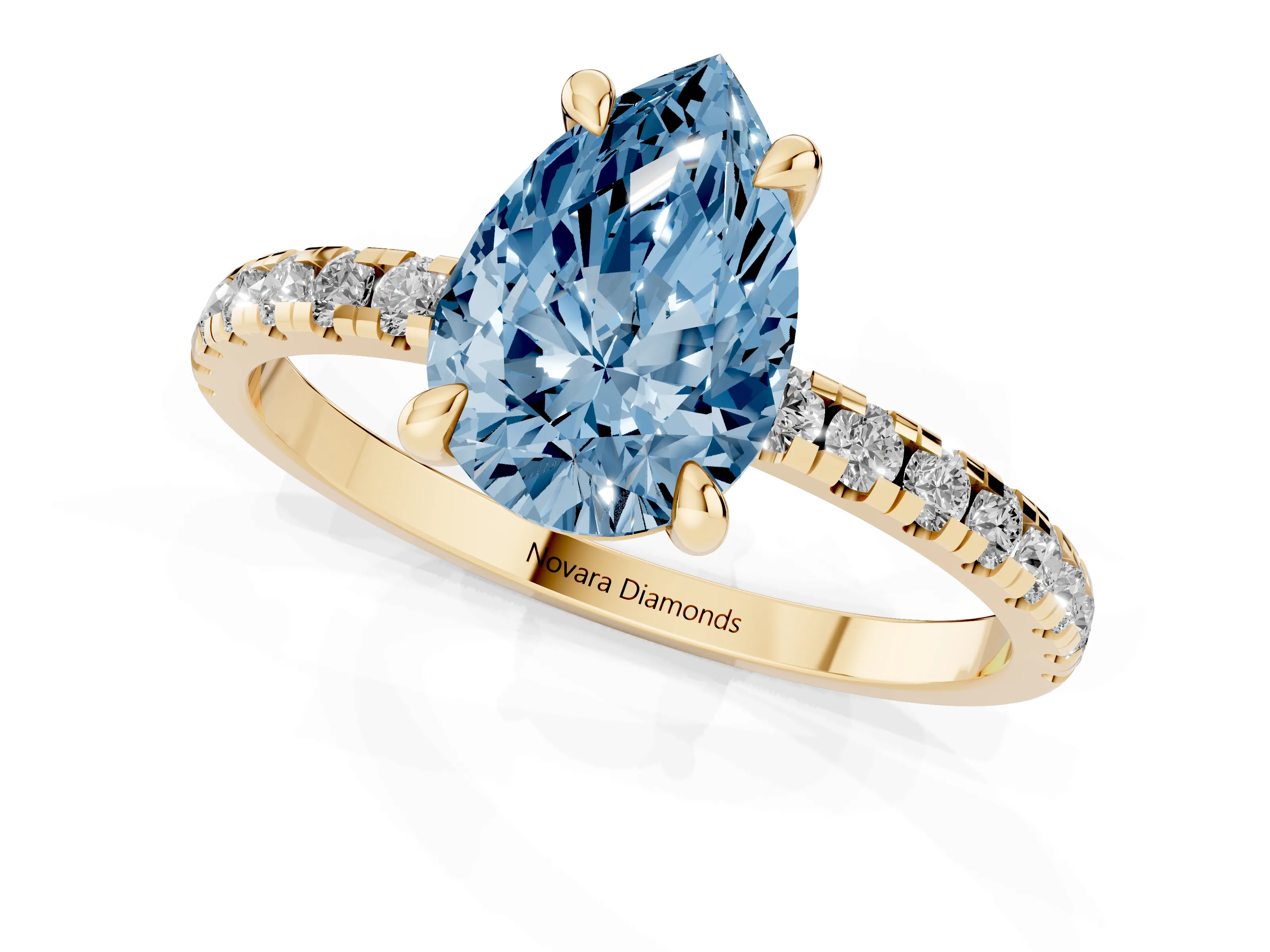 Fancy Blue Pear Cut Diamond Brilliant Solitaire Ring Set in Yellow gold with Pavé Band and Prong Setting