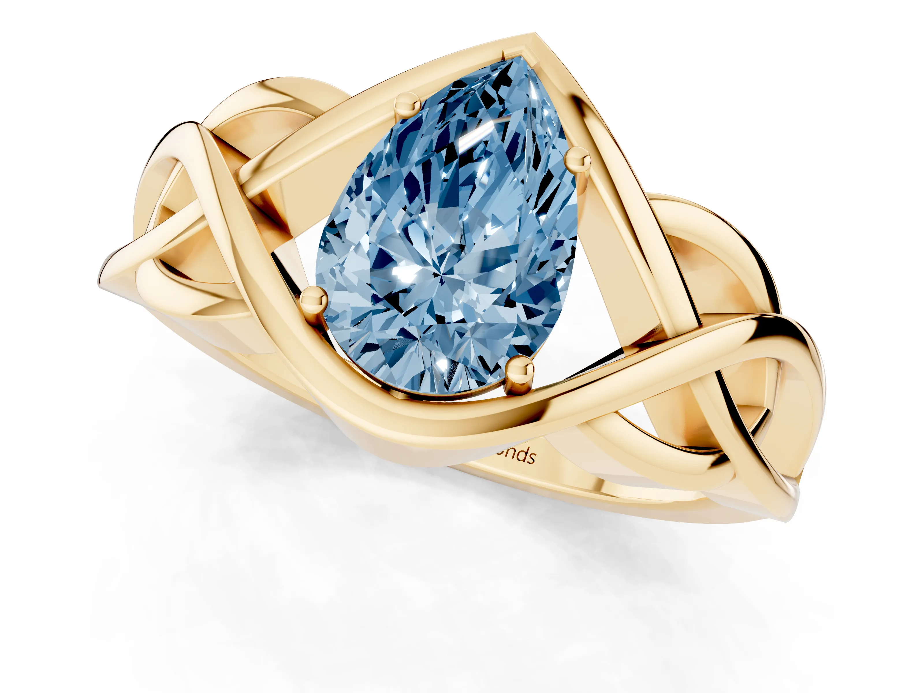 Fancy Blue Pear Cut Diamond Solitaire Ring Set in Yellow gold with Intertwined Band