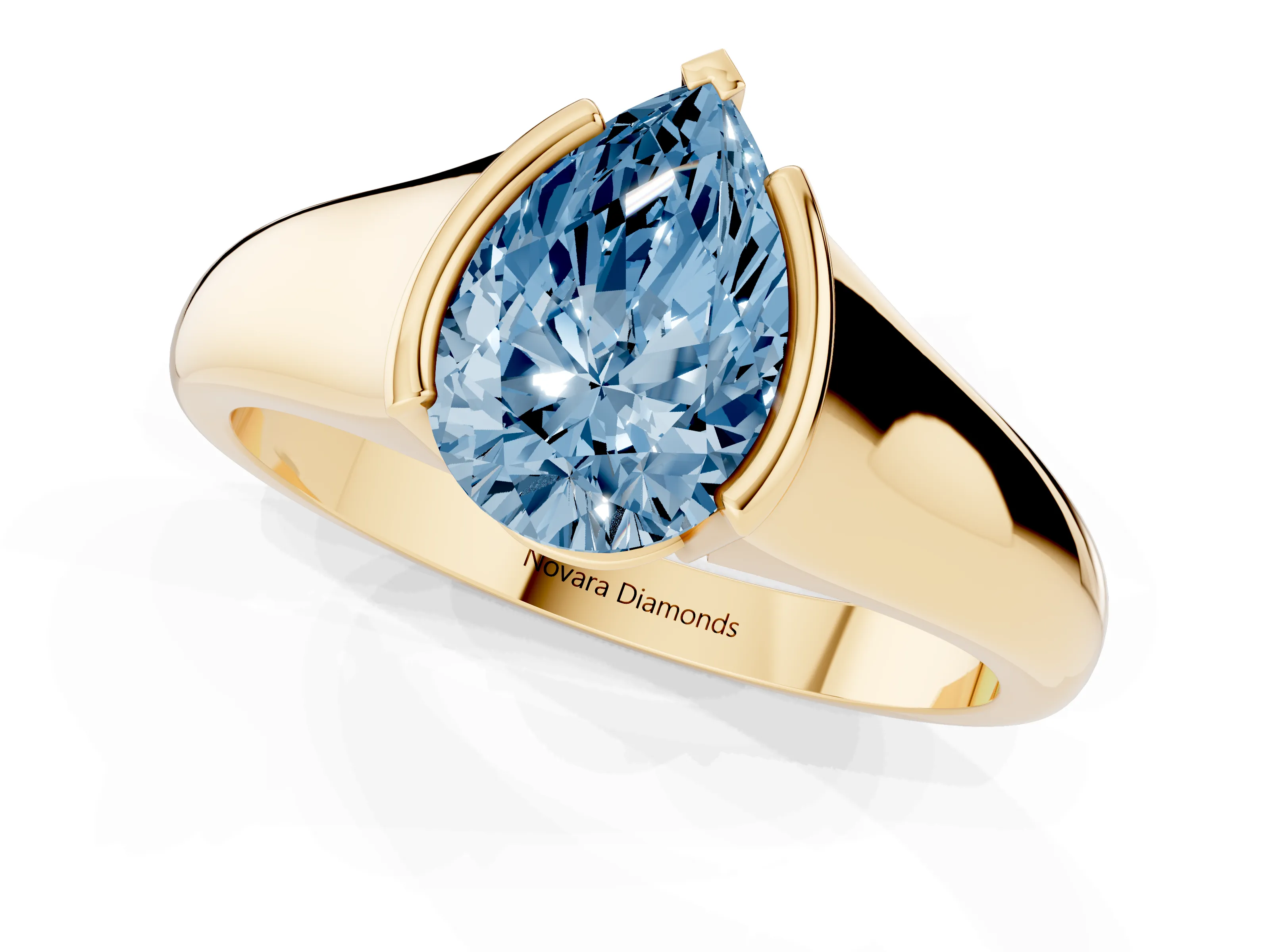 Fancy Blue Pear Cut Diamond Solitaire Tension Set Ring Set in Yellow gold with Split Shank Band