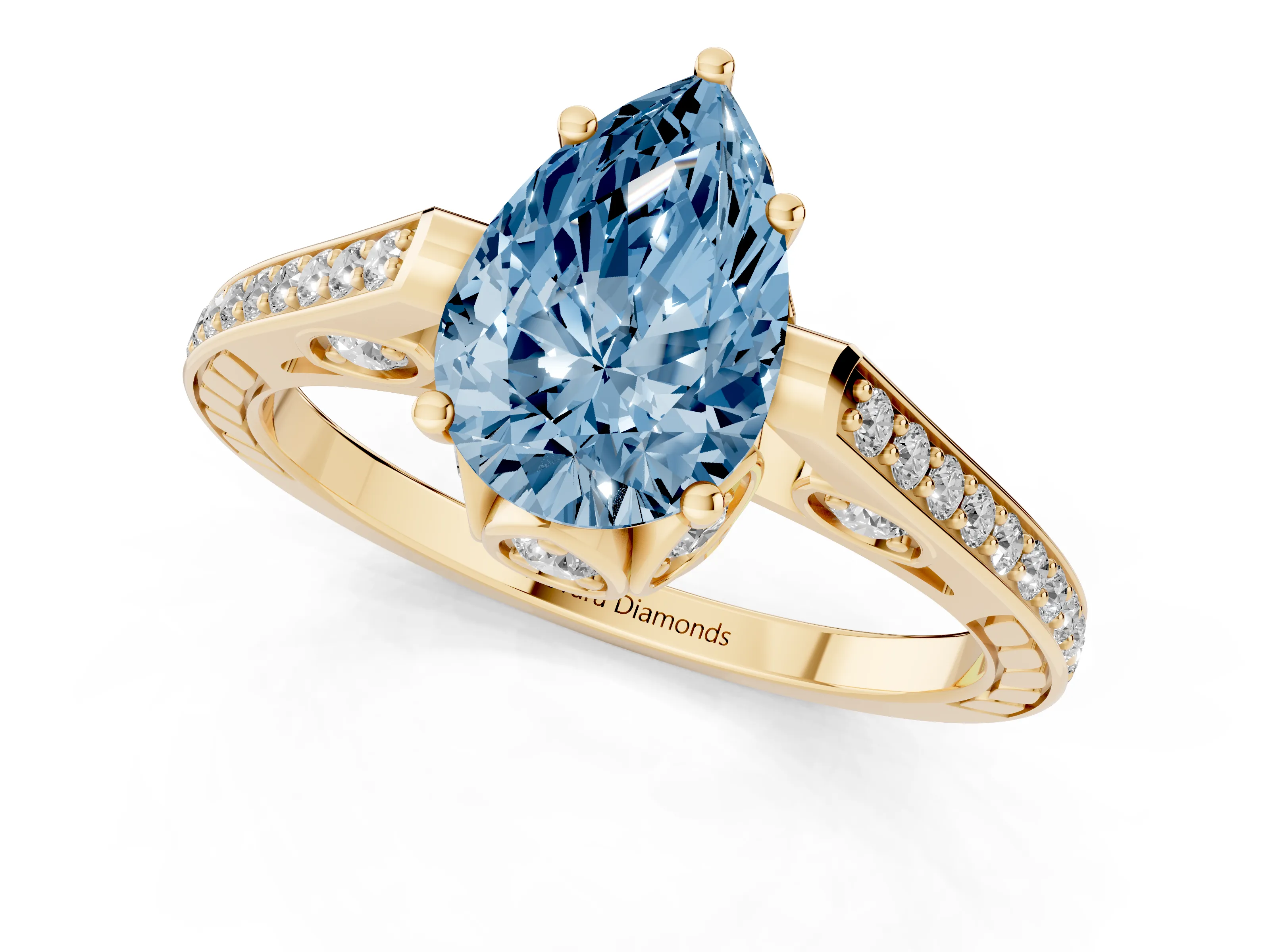 Fancy Blue Pear Cut Diamond Cathedral Pavé Engagement Ring Set in Yellow gold with Prong Setting