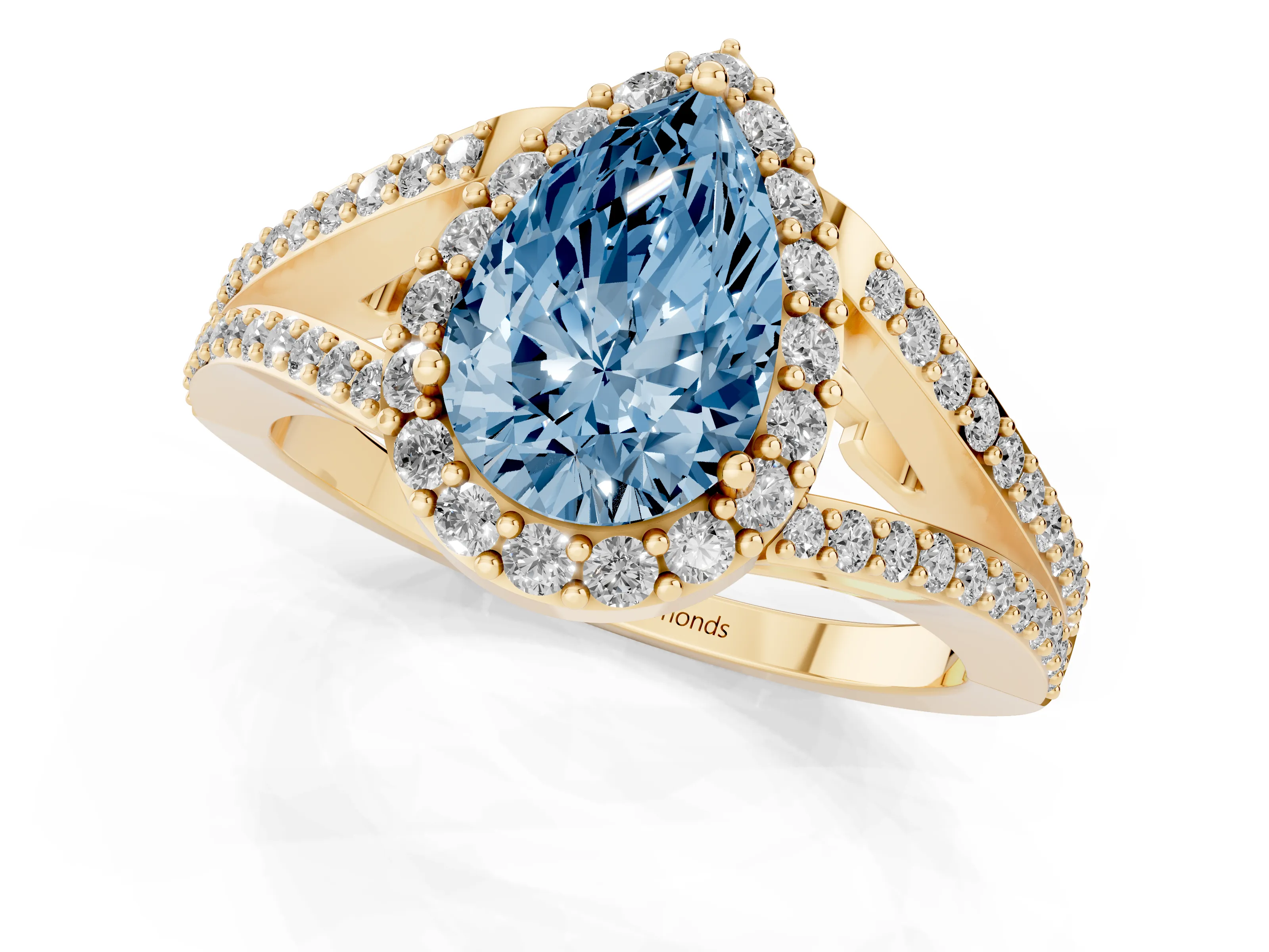 Fancy Blue Pear Cut Diamond Halo Split Shank Pavé Ring Set in Yellow gold with Prong Setting