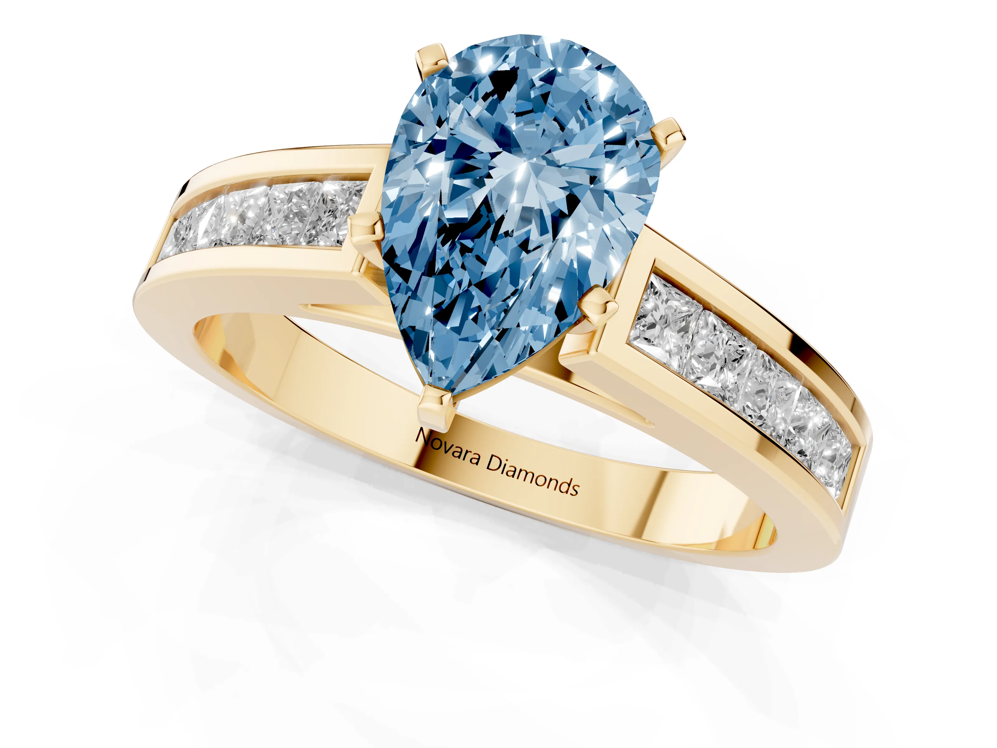 Fancy Blue Pear Cut Diamond Solitaire Ring Set in Yellow gold with Channel-Set Band and Prong Setting