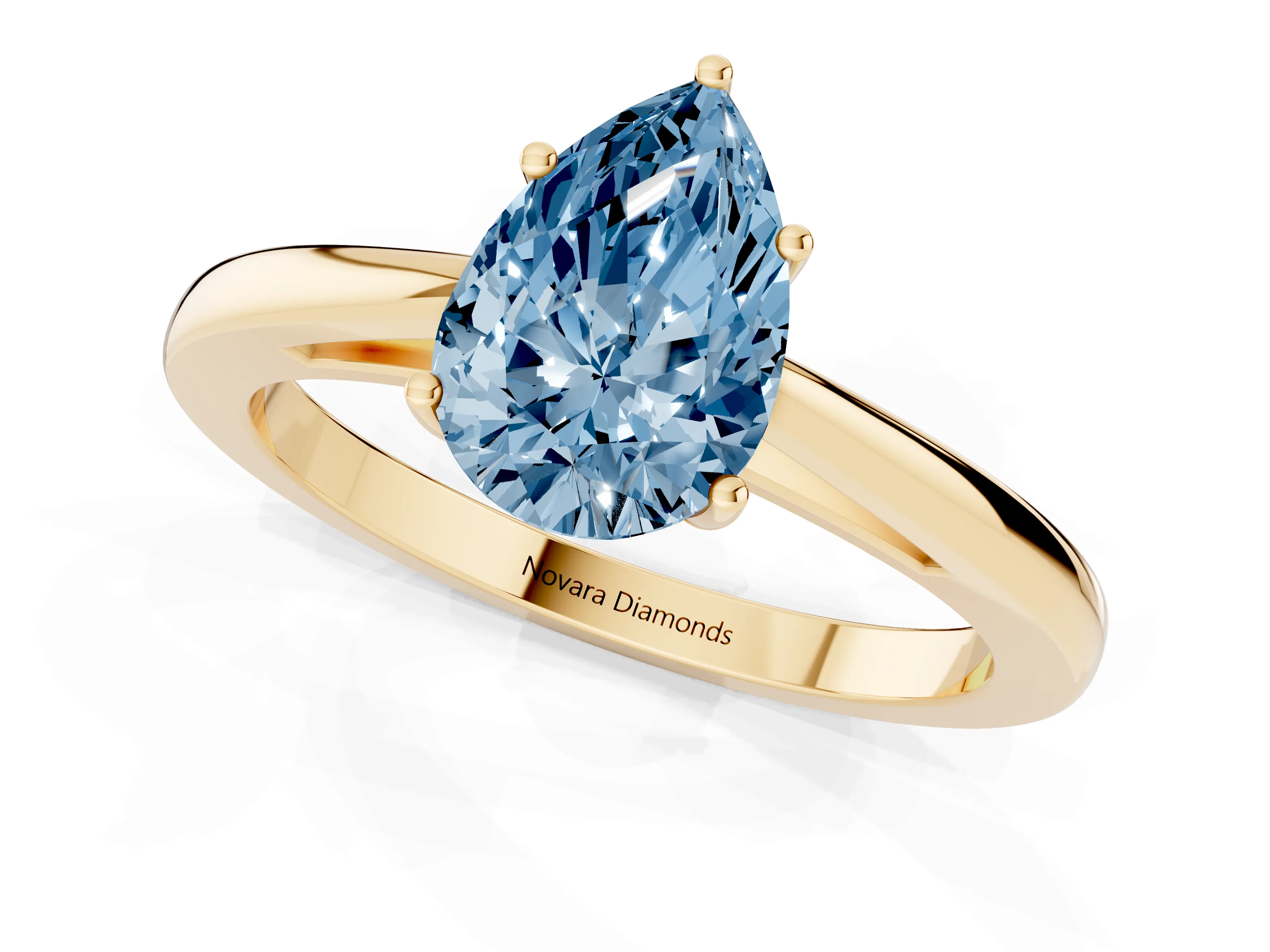 Fancy Blue Pear Cut Diamond Solitaire Ring Set in Yellow gold with Split Shank and Prong Setting