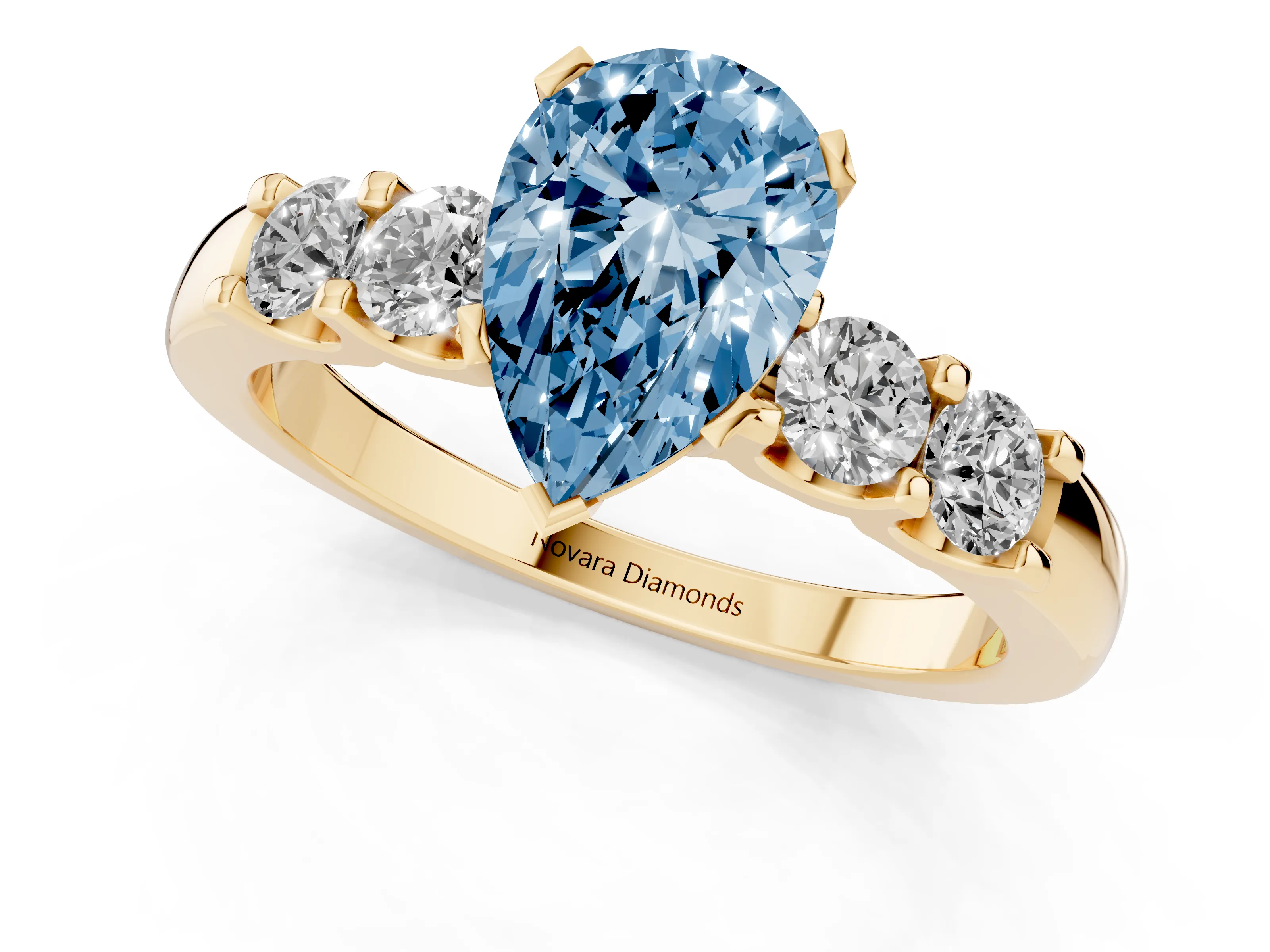 Fancy Blue Pear Cut Diamond Five-Stone Prong Set Engagement Ring Set in Yellow gold with Channel Band