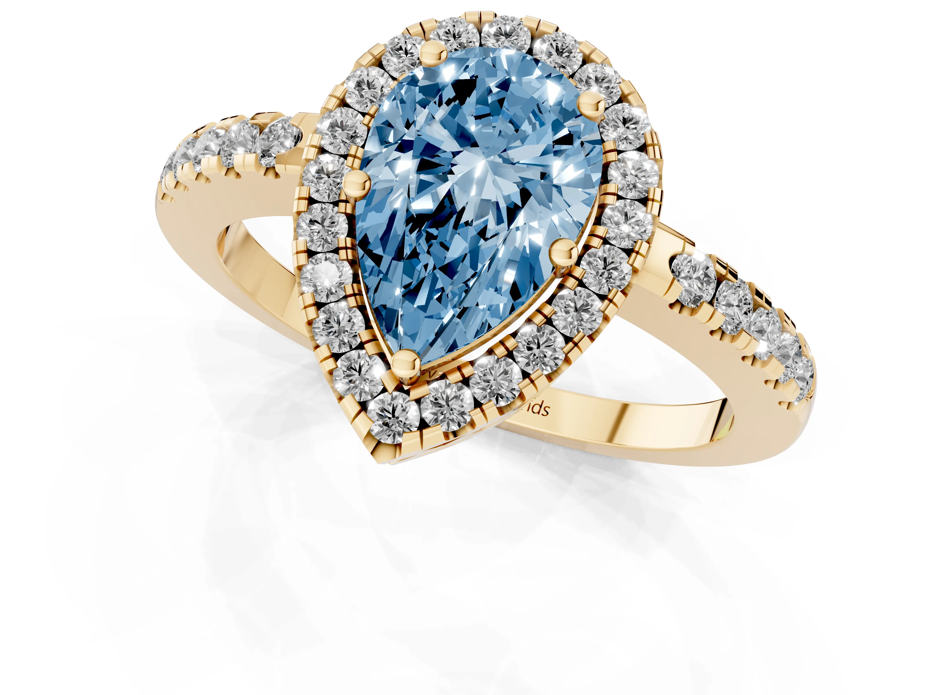 Fancy Blue Pear Cut Diamond Pavé Band Halo Engagement Ring Set in Yellow gold with Prong Setting