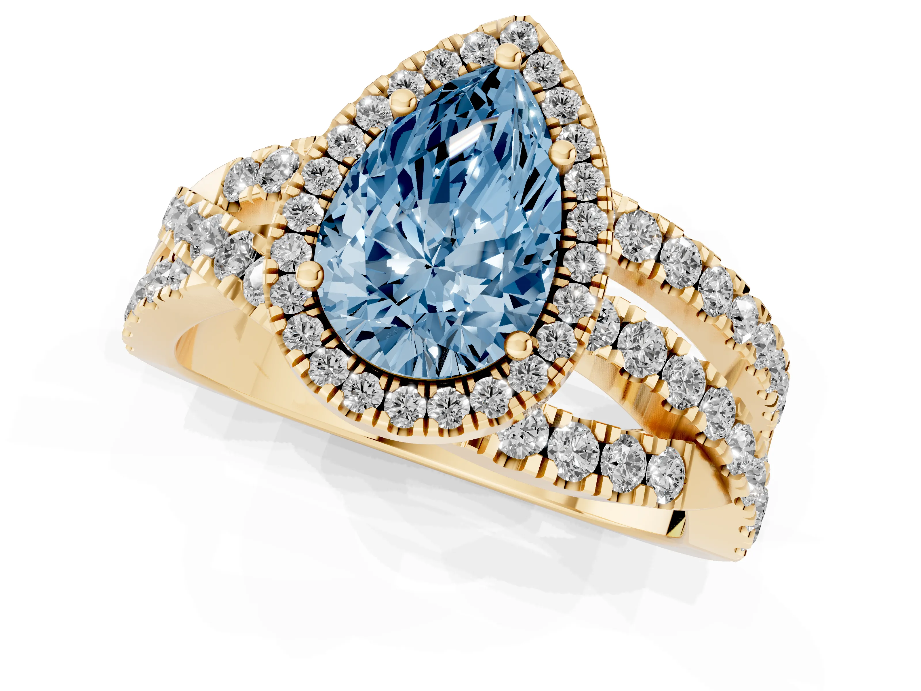 Fancy Blue Pear Cut Diamond Halo Ring Set in Yellow gold with Round Crossover Split Shank and Prong Setting