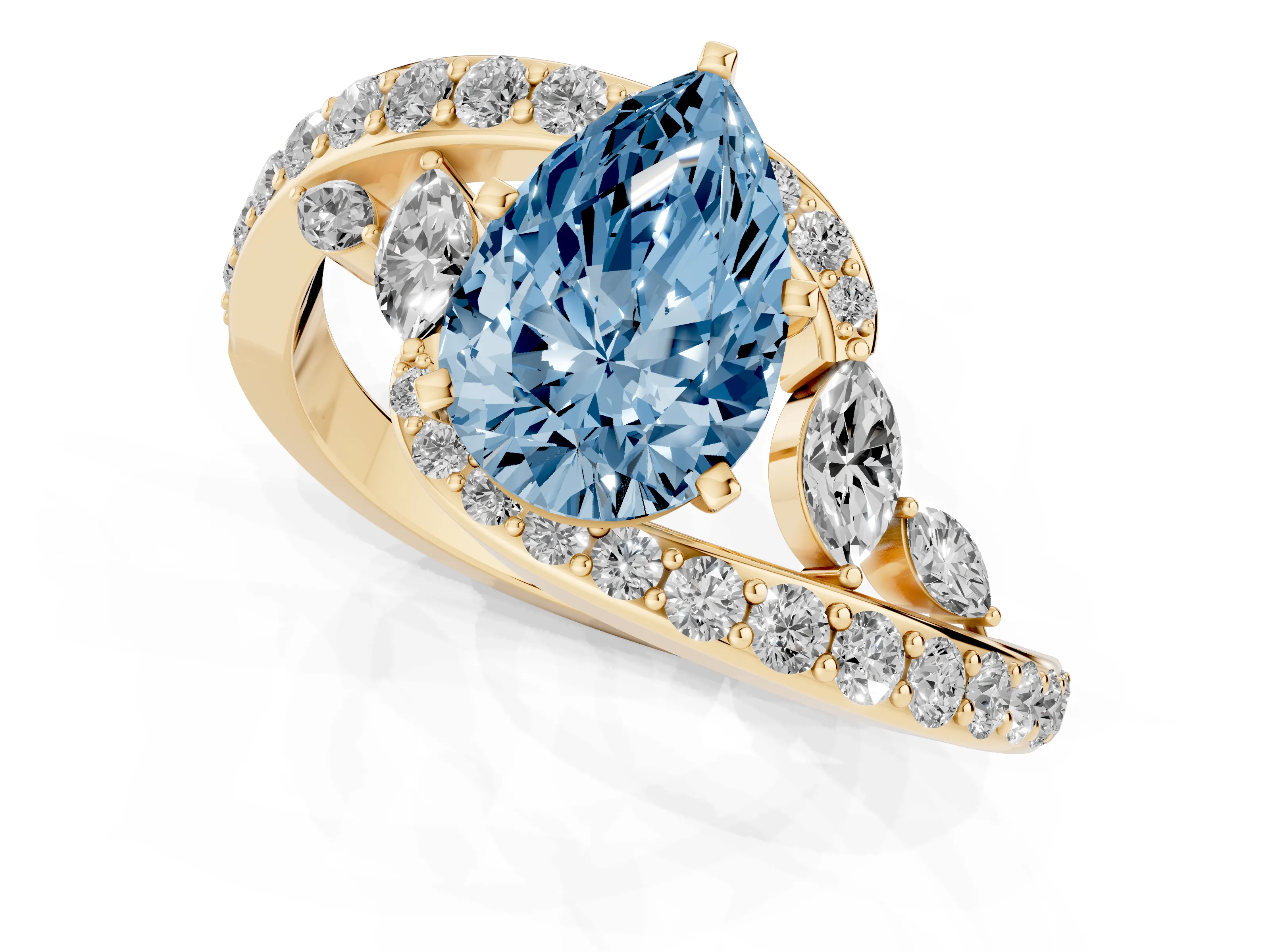 Fancy Blue Pear Cut Diamond Solitaire Ring Set in Yellow gold with Pavé Twist Band and Secure Prong Setting