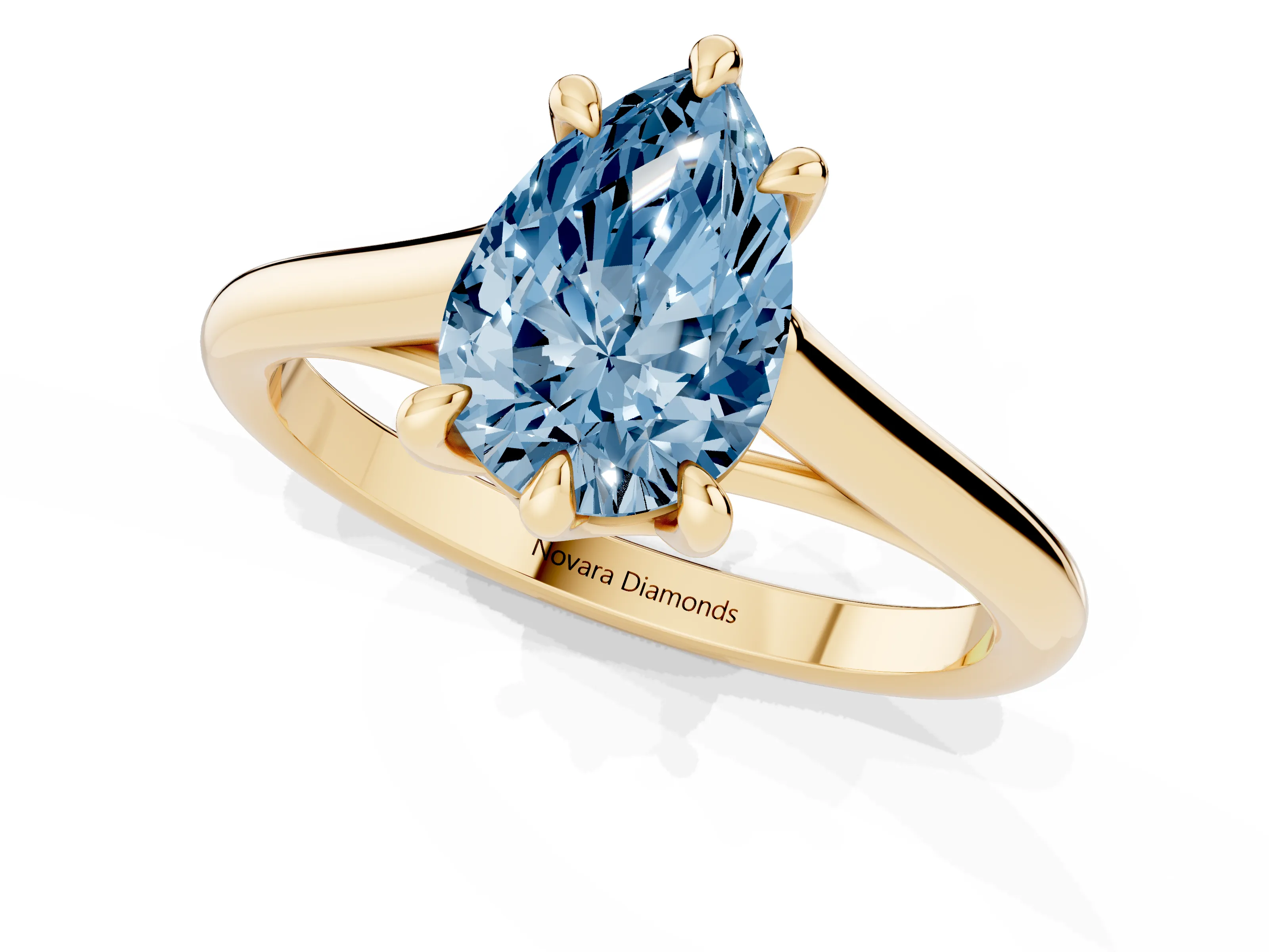 Fancy Blue Pear Cut Diamond Solitaire Engagement Ring Set in Yellow gold with Prong Setting and Plain Classic Band
