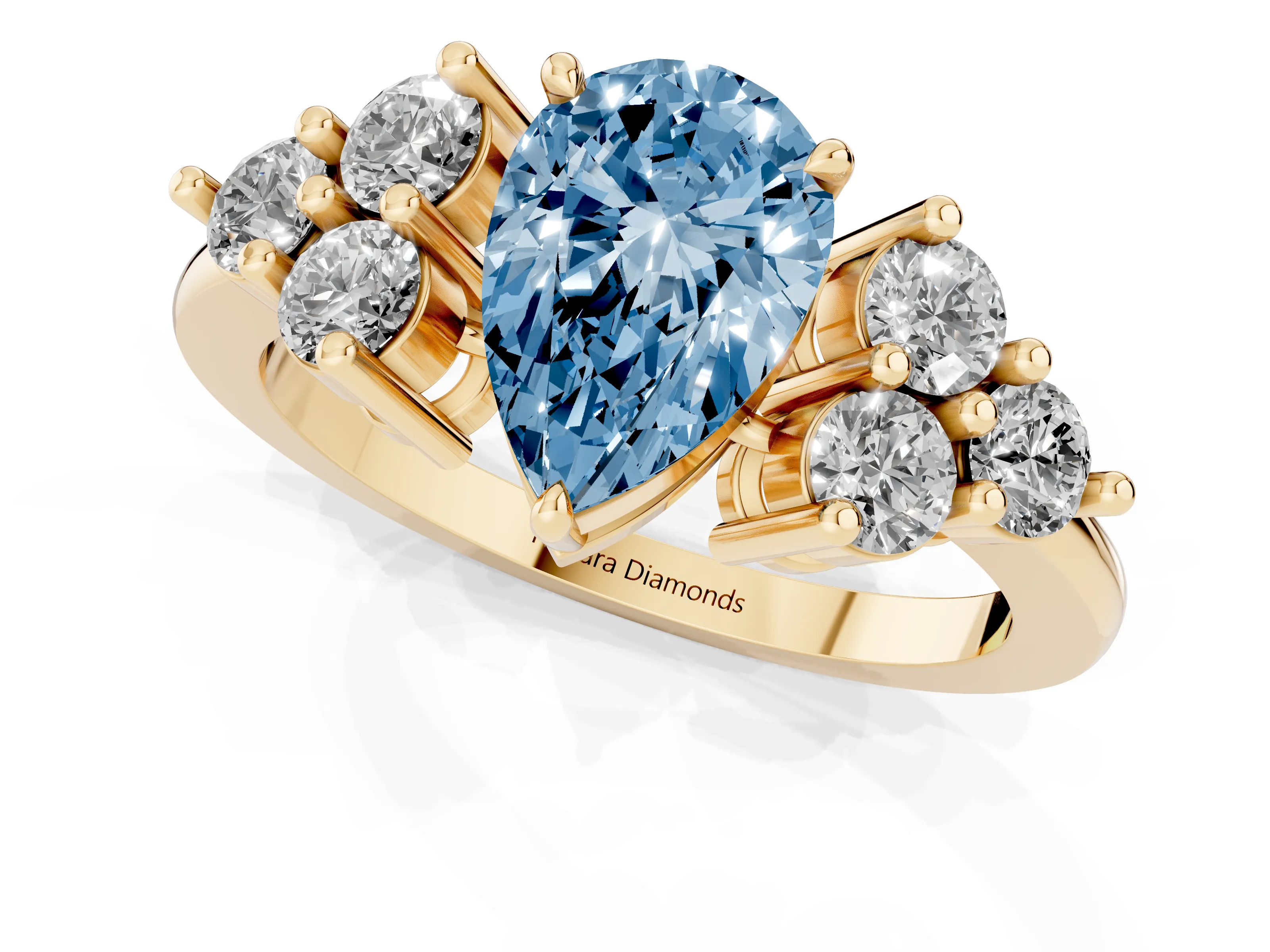 Fancy Blue Pear Cut Diamond Solitaire Ring Set in Yellow gold with Cluster Accents on Each Side