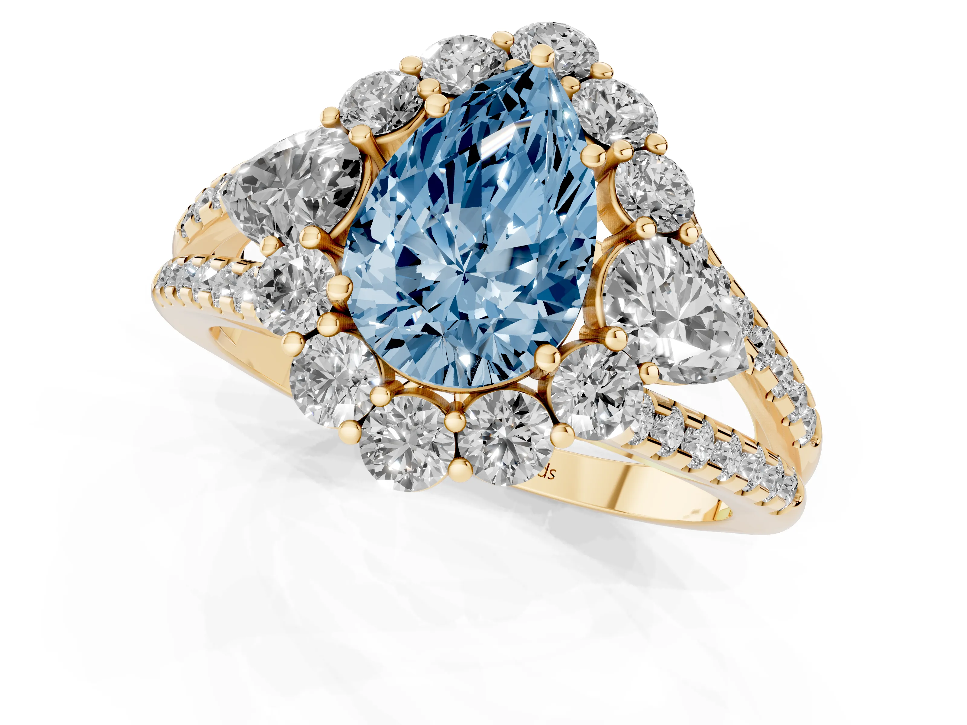 Fancy Blue Pear Cut Diamond Halo Split Shank Engagement Ring Set in Yellow gold with Prong-Held Center Stone