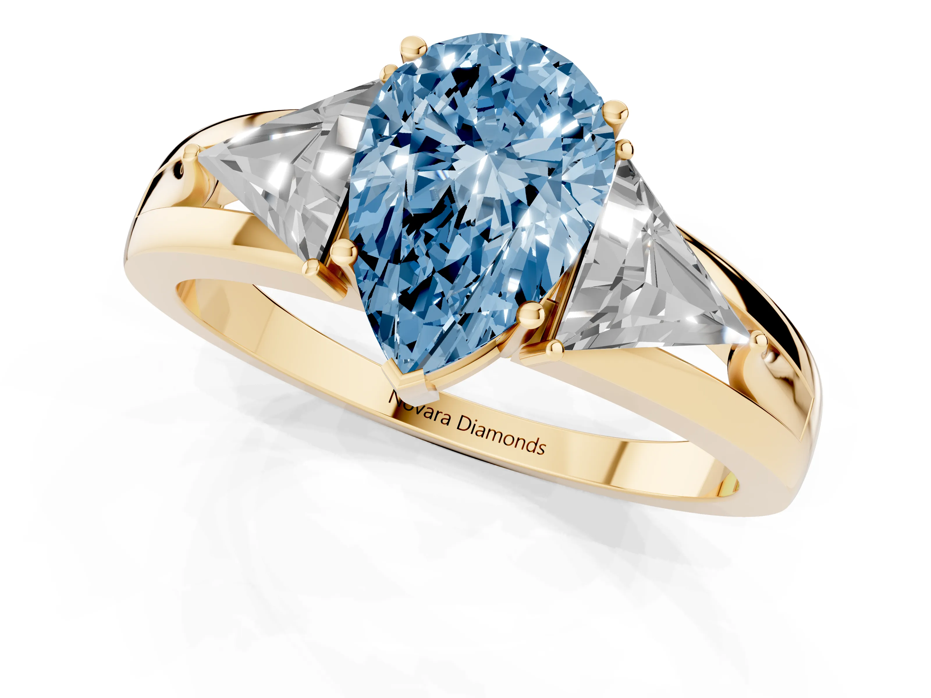 Fancy Blue Pear Cut Diamond Three-Stone Ring Set in Yellow gold with Trillion Side Stones and Split Shank