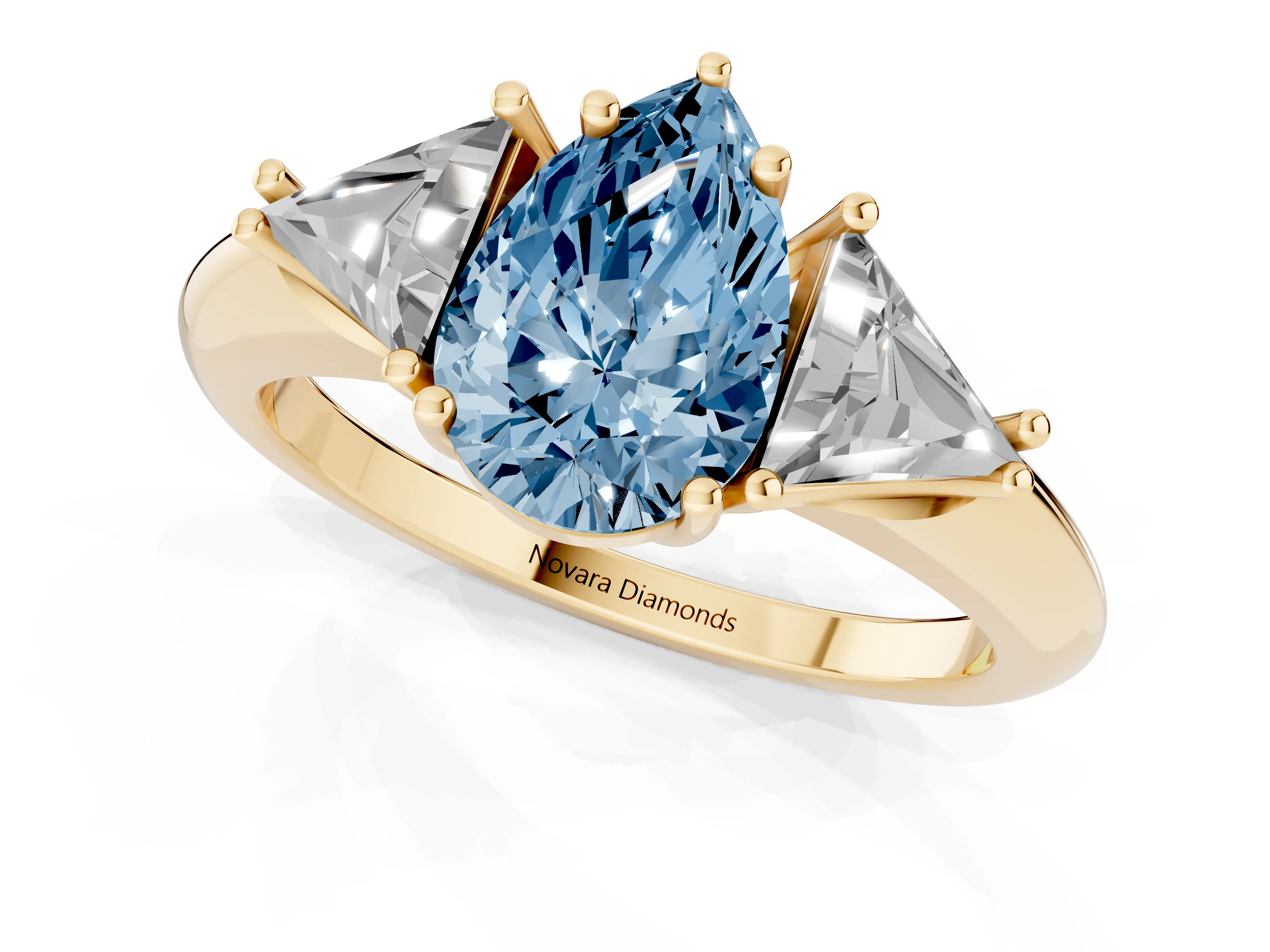 Fancy Blue Pear Cut Diamond Three-Stone Engagement Ring Set in Yellow gold with Trillion Side Stones