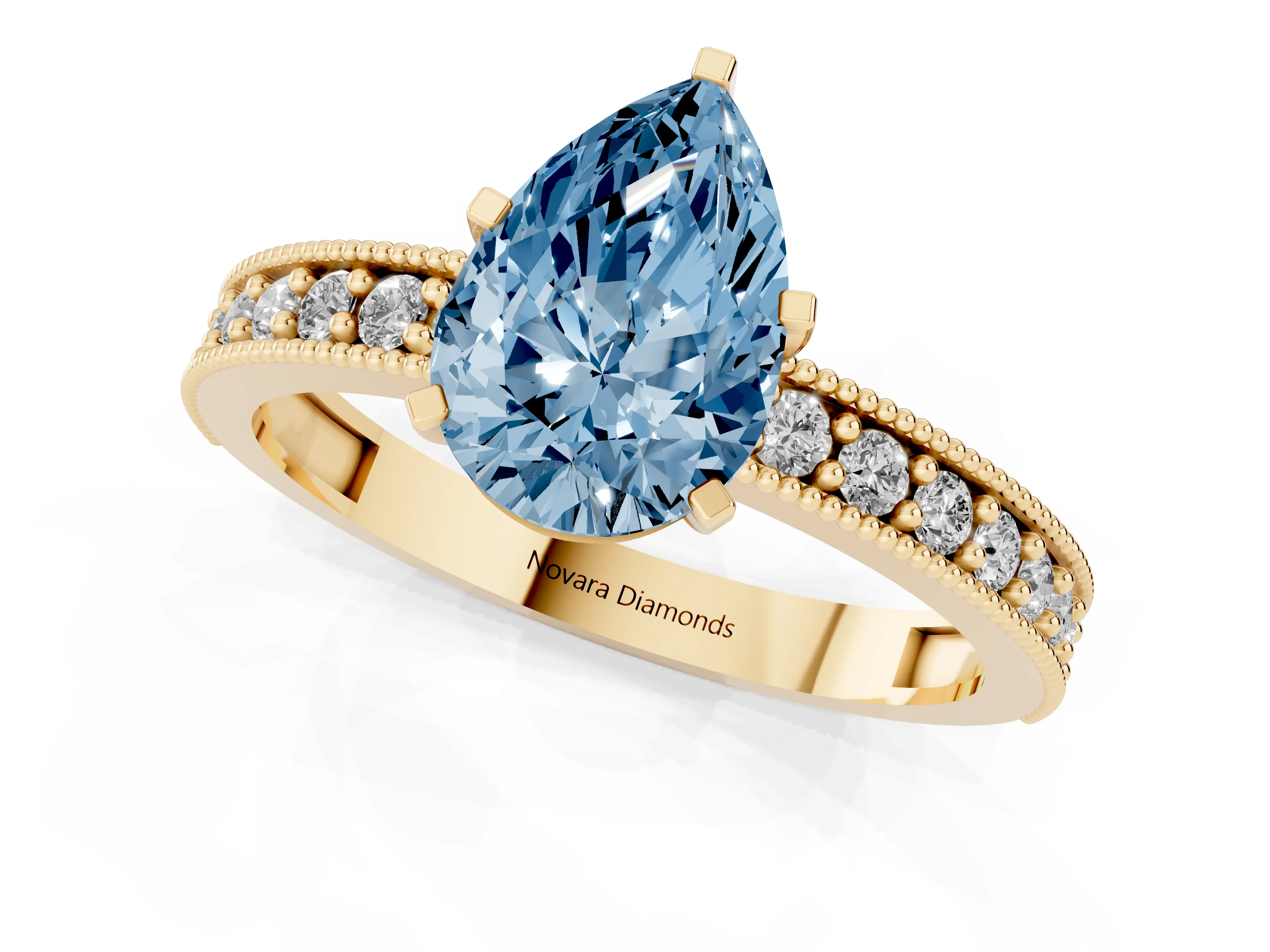 Fancy Blue Pear Cut Diamond Milgrain Pavé Engagement Ring Set in Yellow gold with Prong Setting