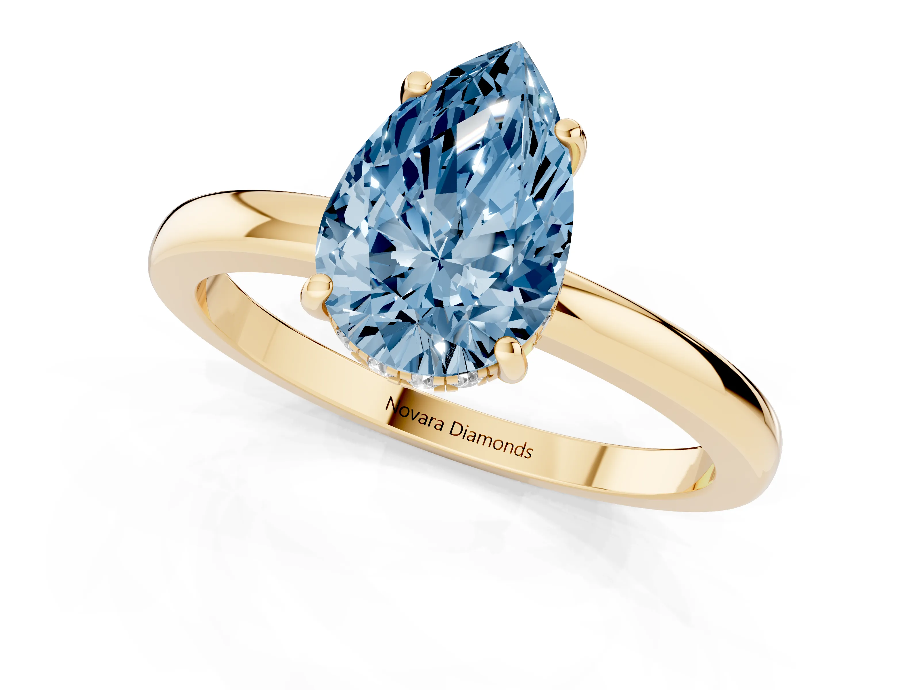 Fancy Blue Pear Cut Diamond Solitaire Ring Set in Yellow gold with Plain Band and Prong Setting