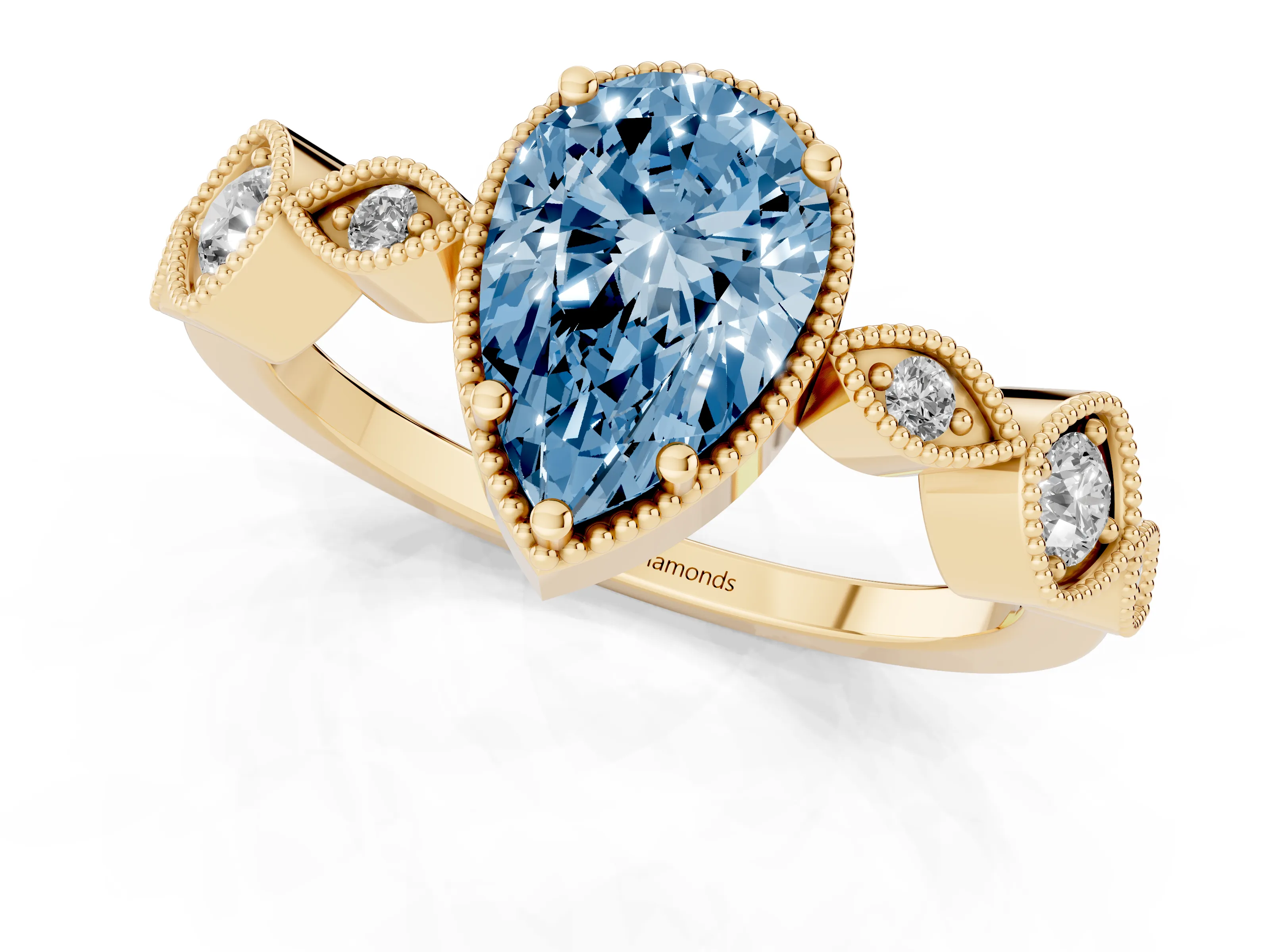 Fancy Blue Pear Cut Diamond Vintage-Inspired Milgrain Ring Set in Yellow gold with Marquise Stations of Round Accents