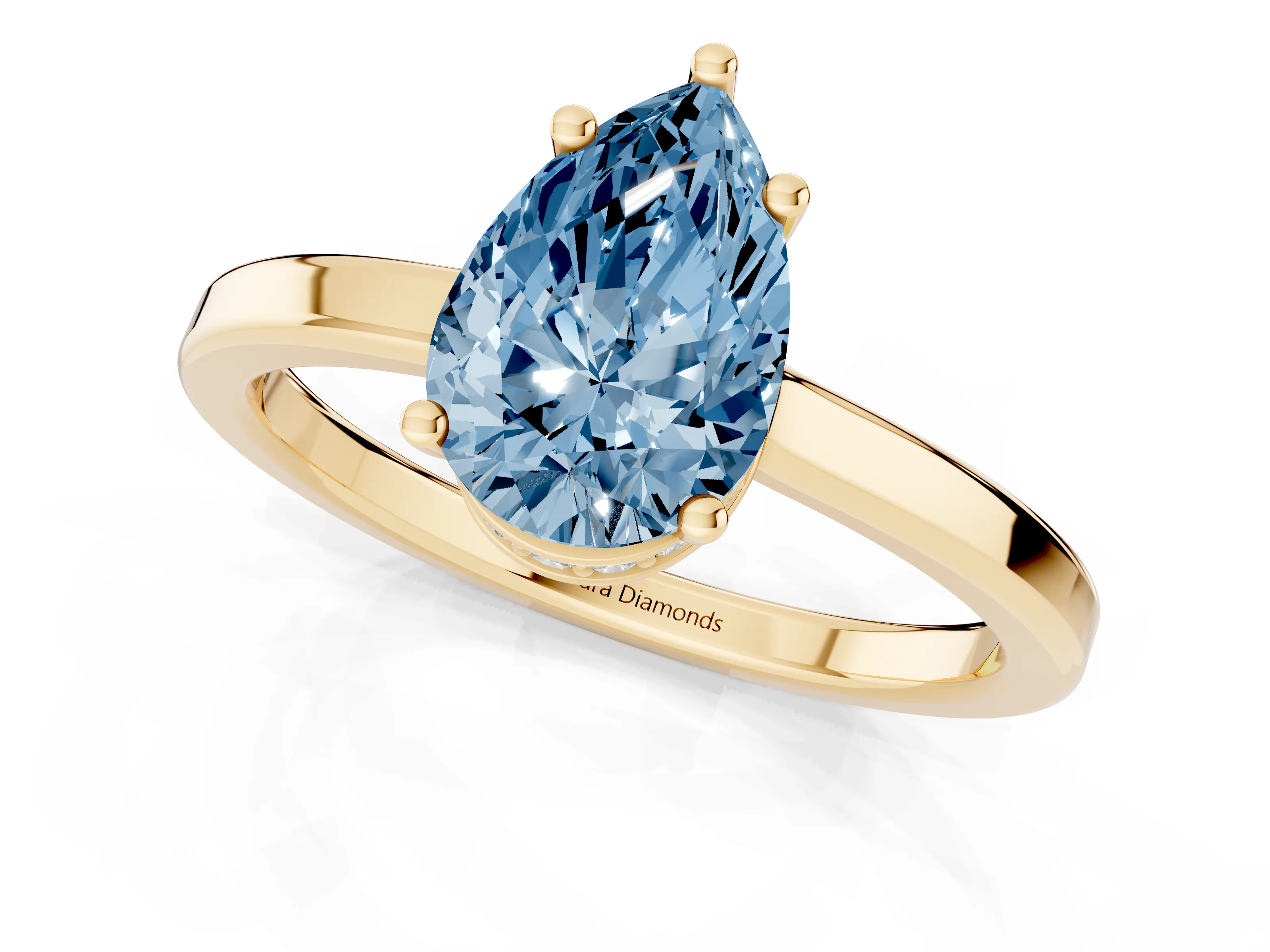 Fancy Blue Pear Cut Diamond Solitaire Engagement Ring Set in Yellow gold with Prong Setting on a Plain Band