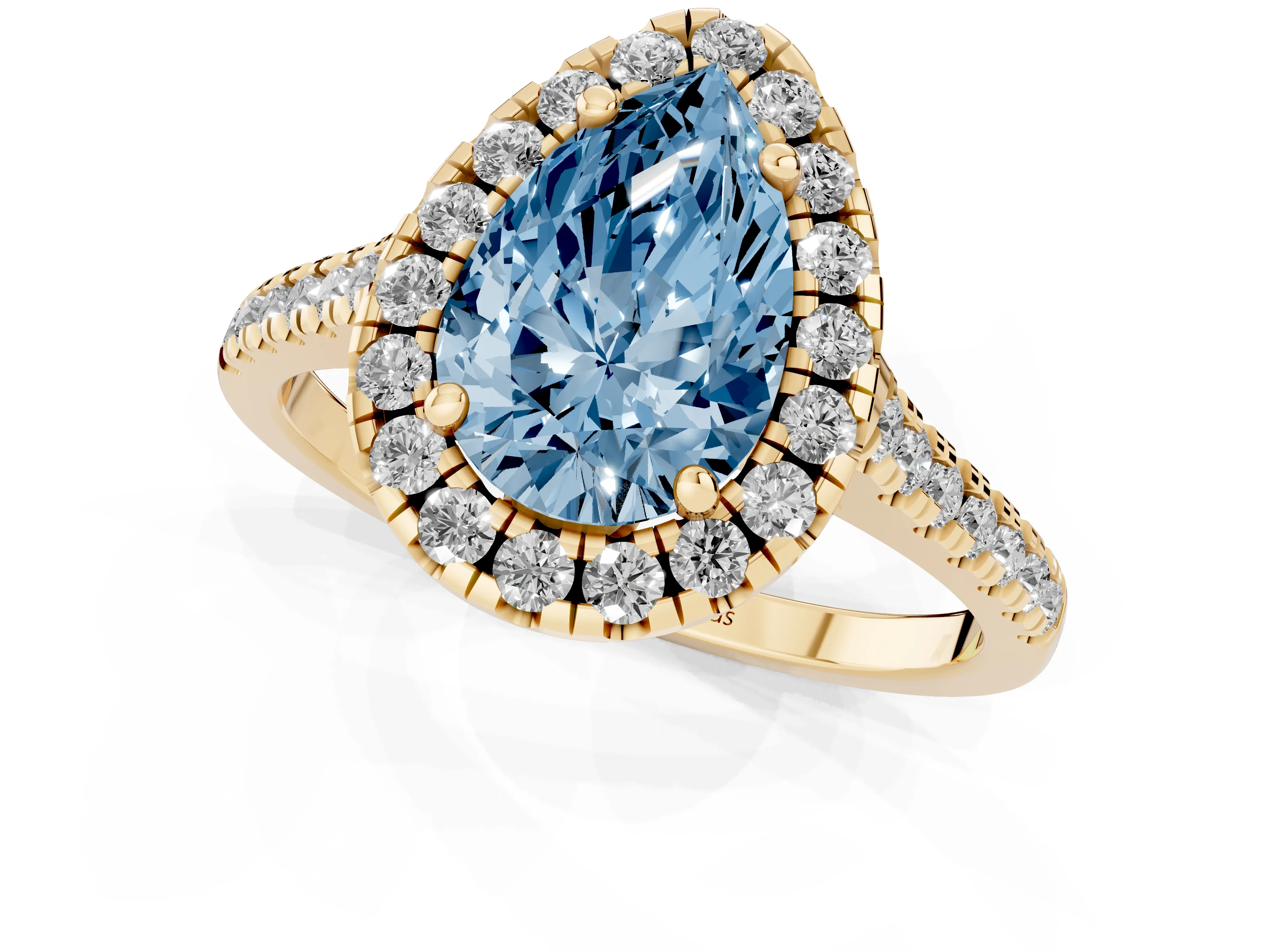 Fancy Blue Pear Cut Diamond Cushion Halo Ring Set in Yellow gold with Pavé Band